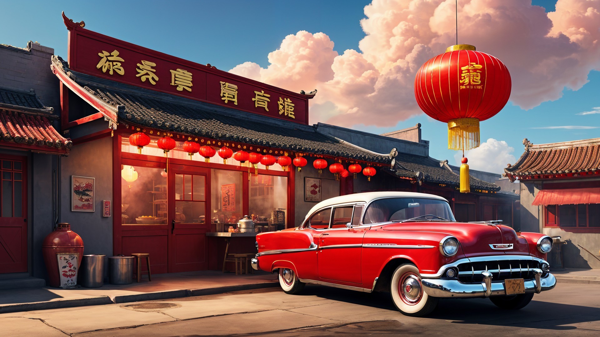 Classic Red Car by Traditional Chinese Tea House