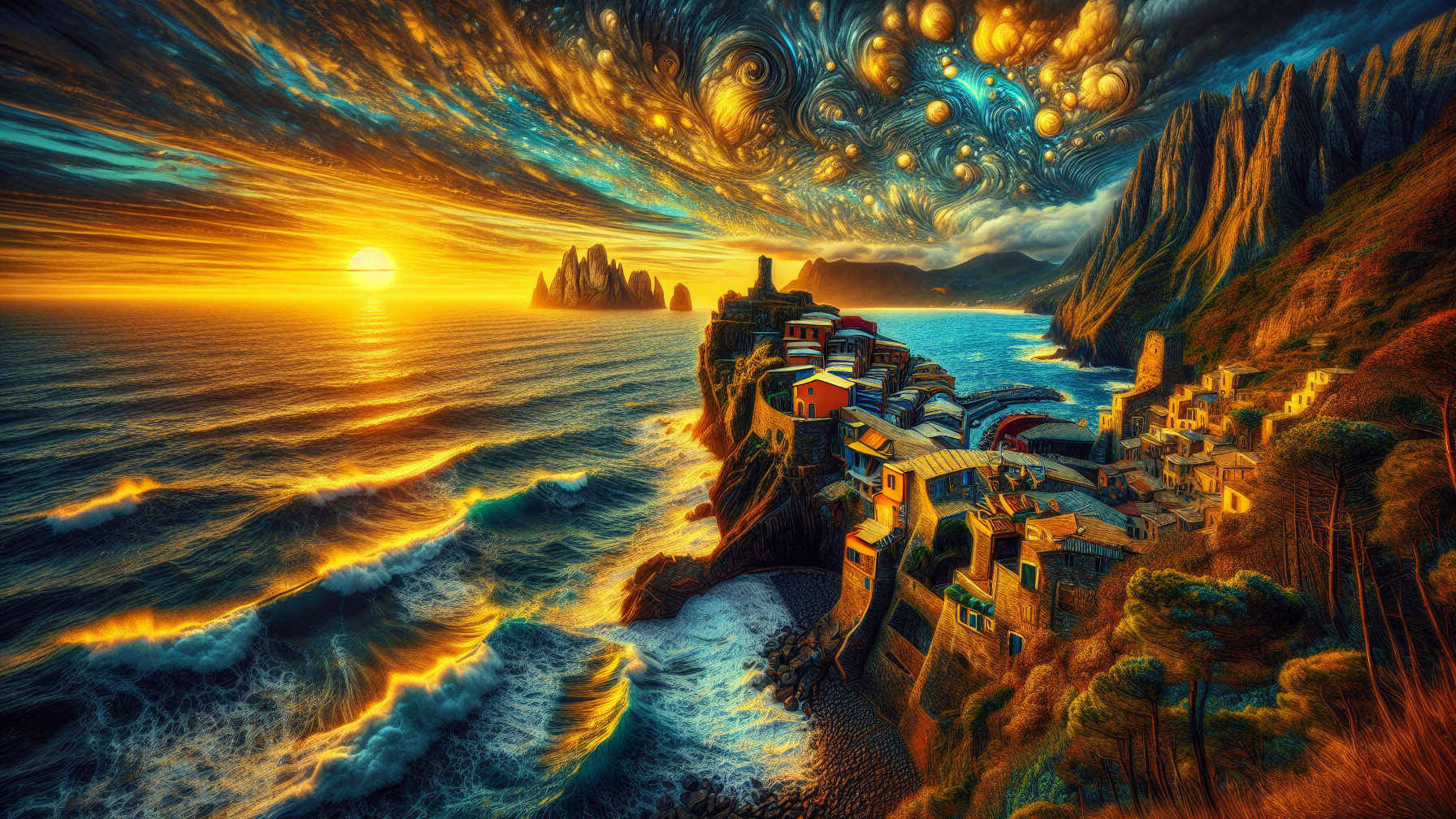 Vibrant Sunset Over Coastal Village and Starry Sky