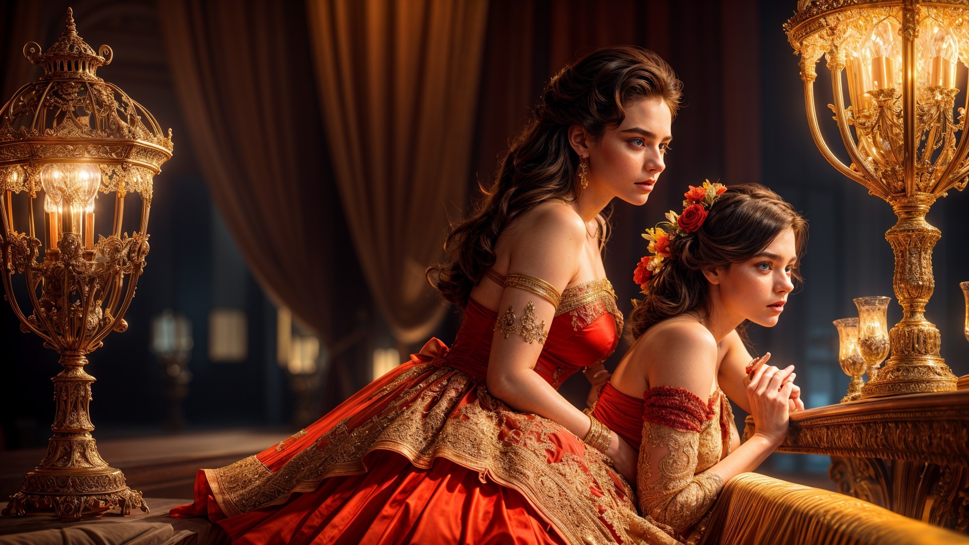 Elegant Women in Luxurious Setting with Chandeliers