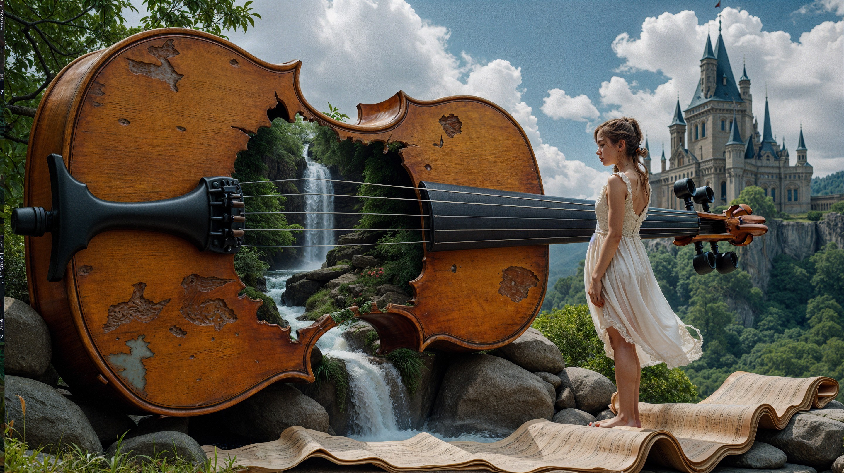 Giant Carved Violin with Waterfall in Enchanted Landscape