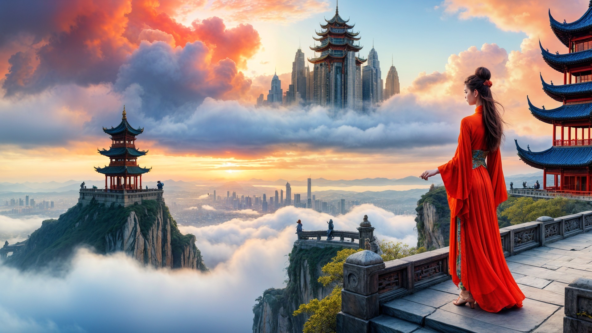 Serene landscape with woman in red robe and pagodas