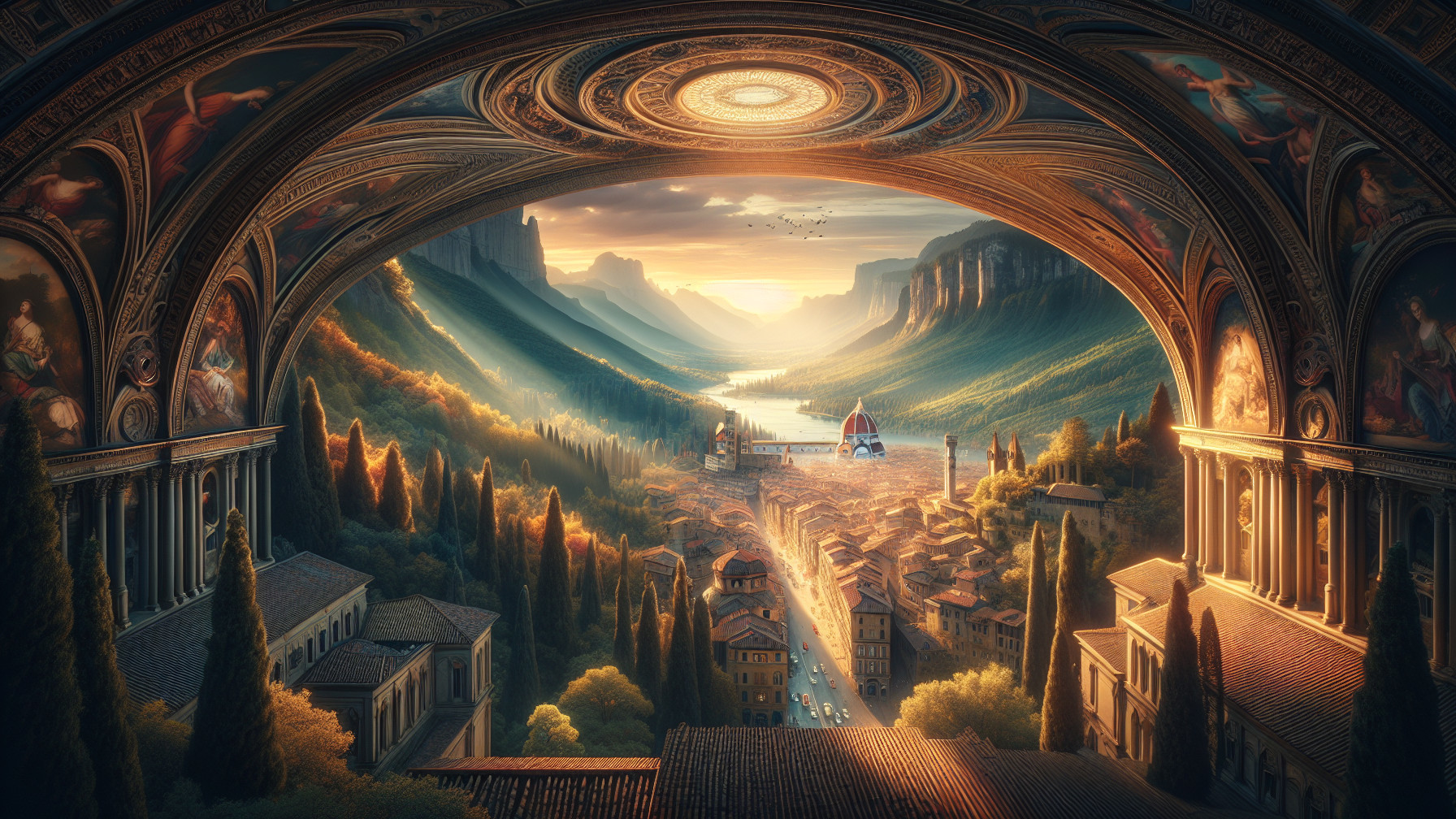 Panoramic Italian Valley with Sunrise and Cathedral