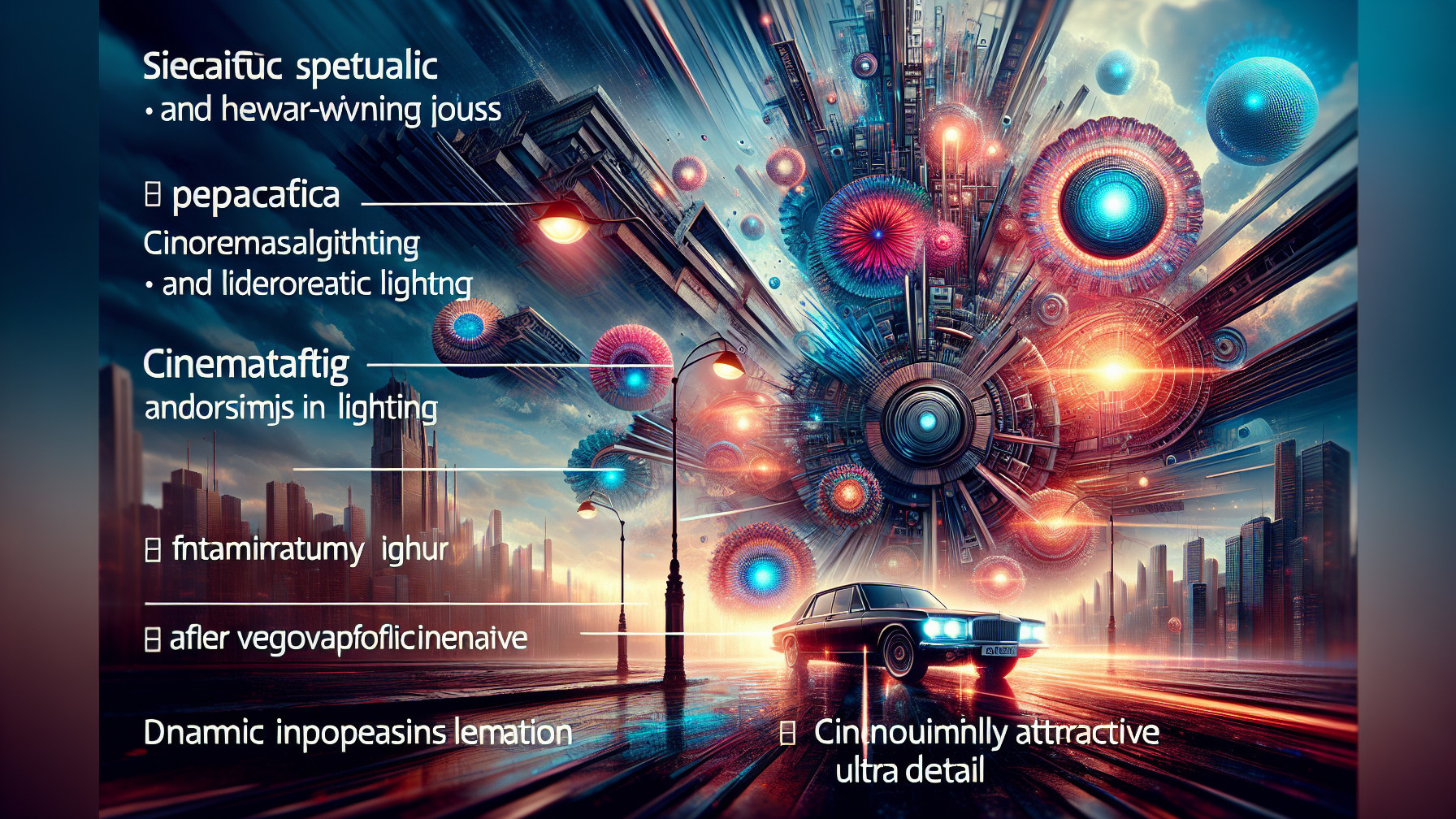 Futuristic cityscape with vibrant orbs and geometric structures