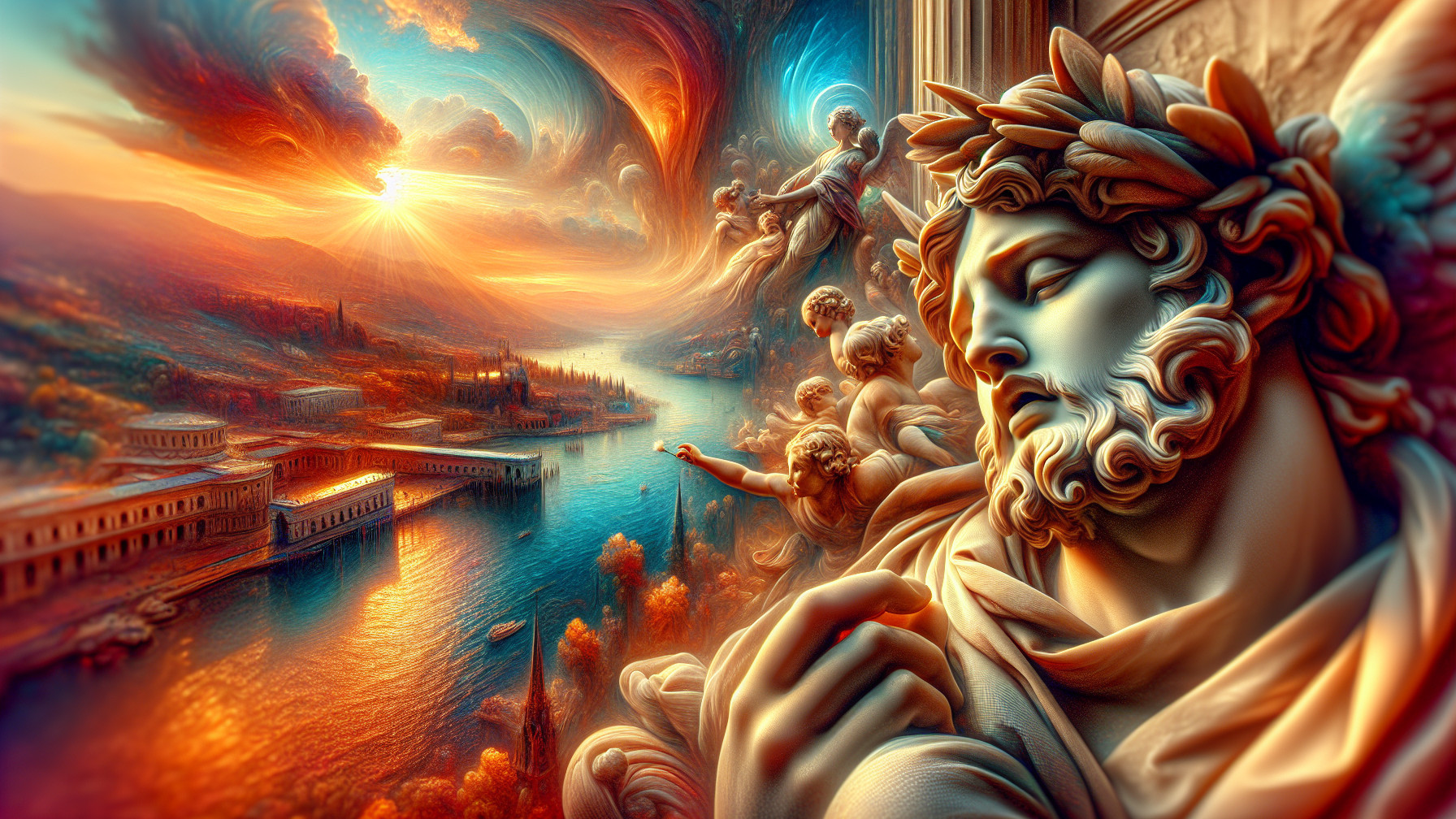 Vibrant River Landscape with Majestic Statues at Sunset