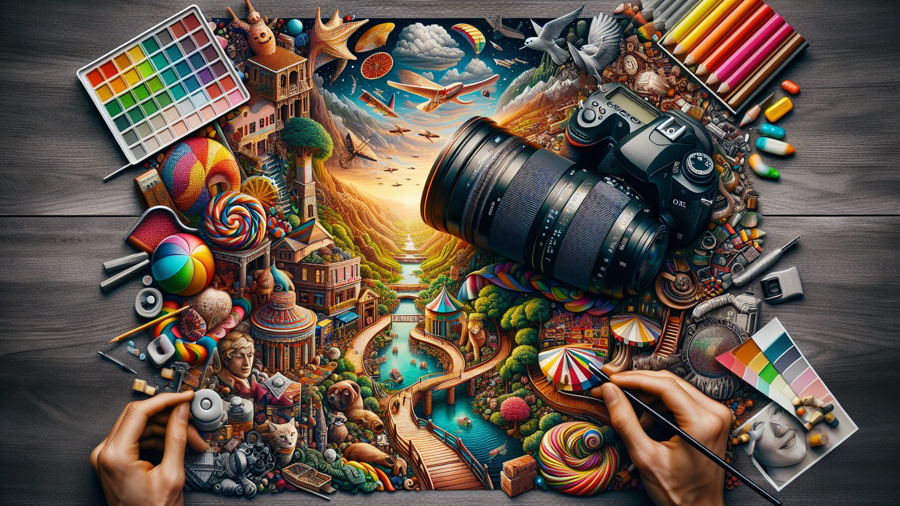 Whimsical Landscape with Art Supplies and Camera