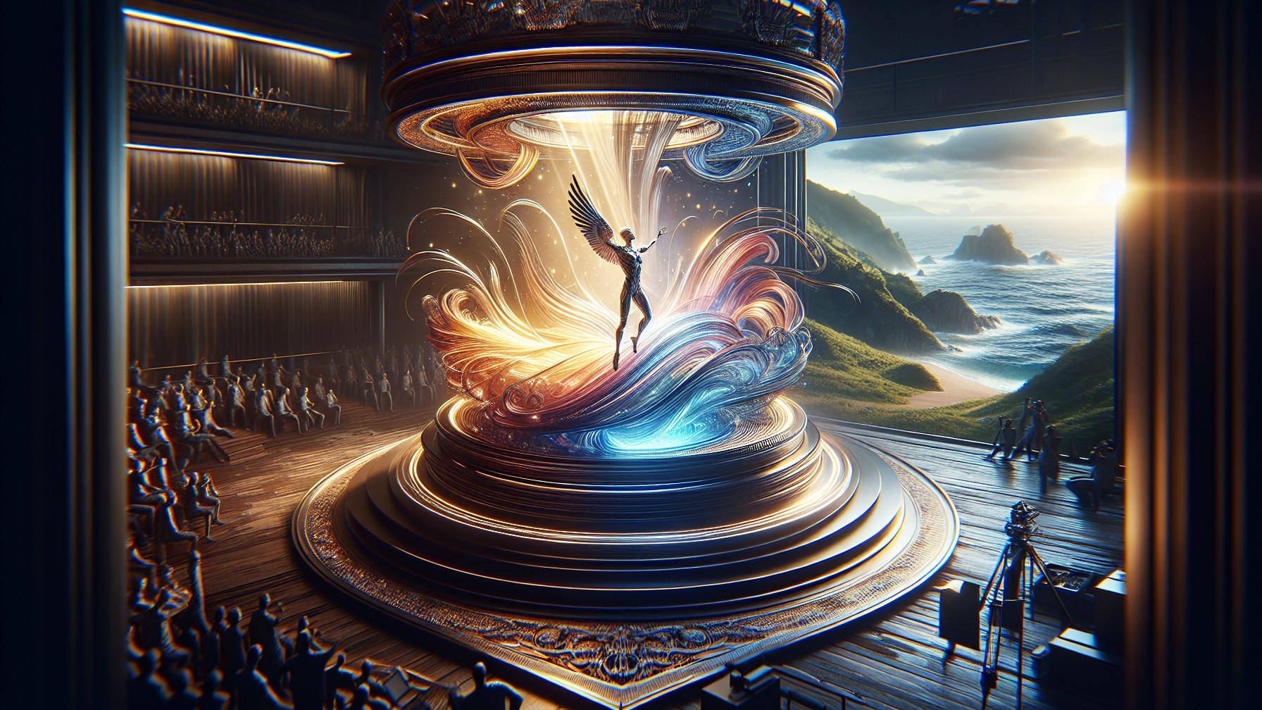 Theater Performance Featuring Winged Figure and Colors