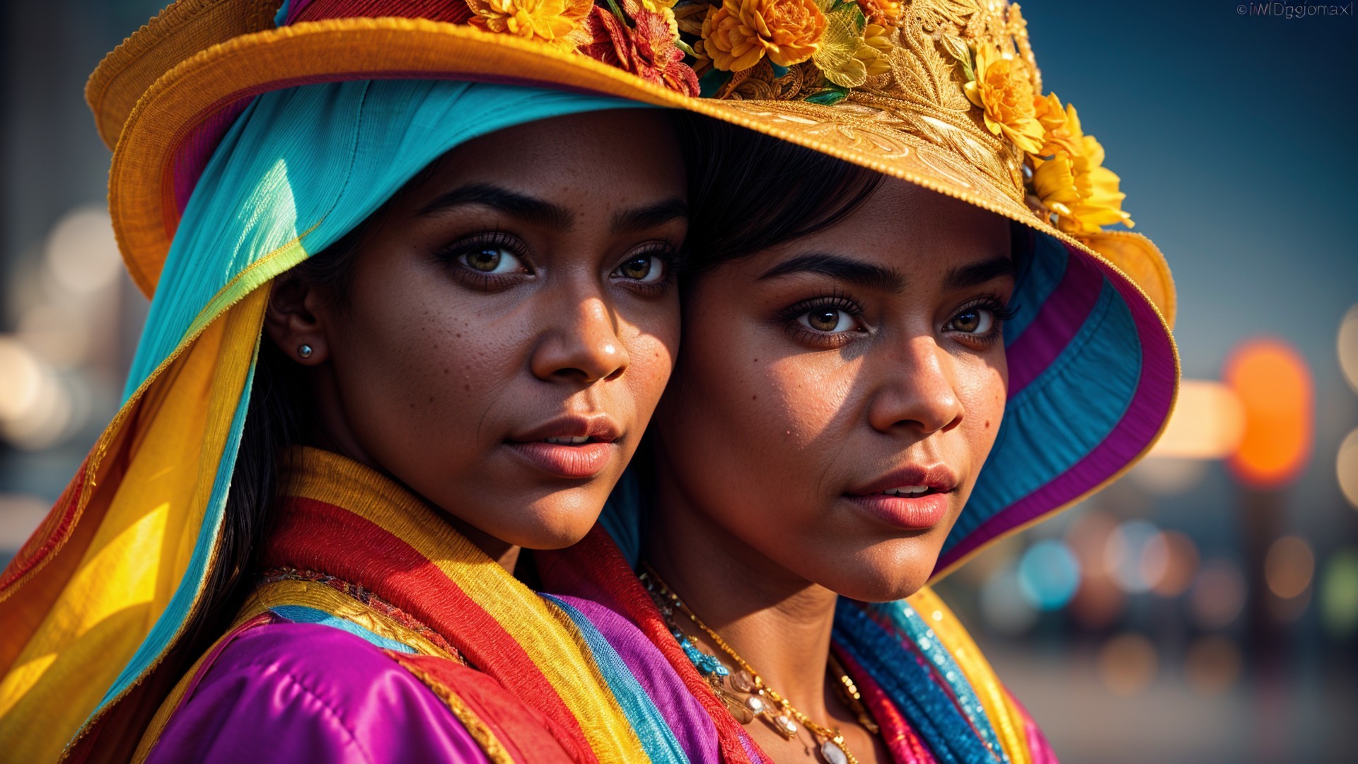 Two women in colorful attire with floral hats