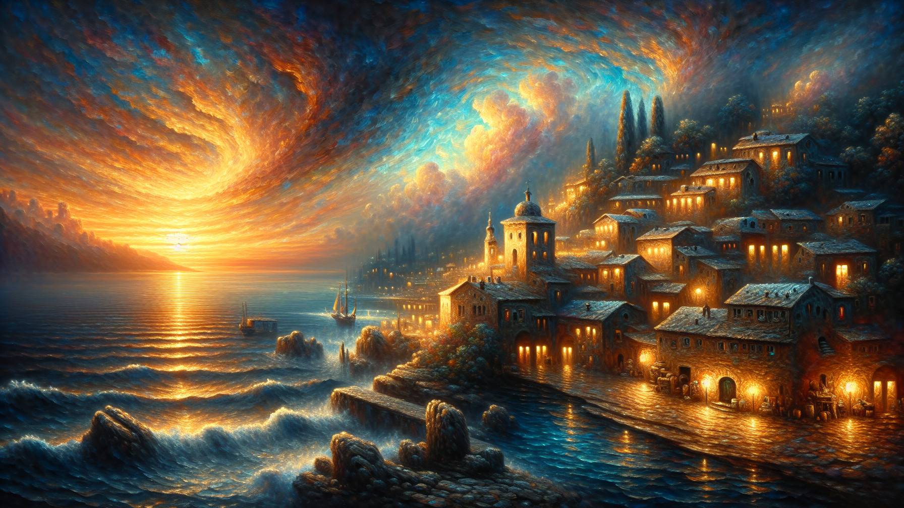 Seaside Village at Sunset with Calm Waters and Clouds