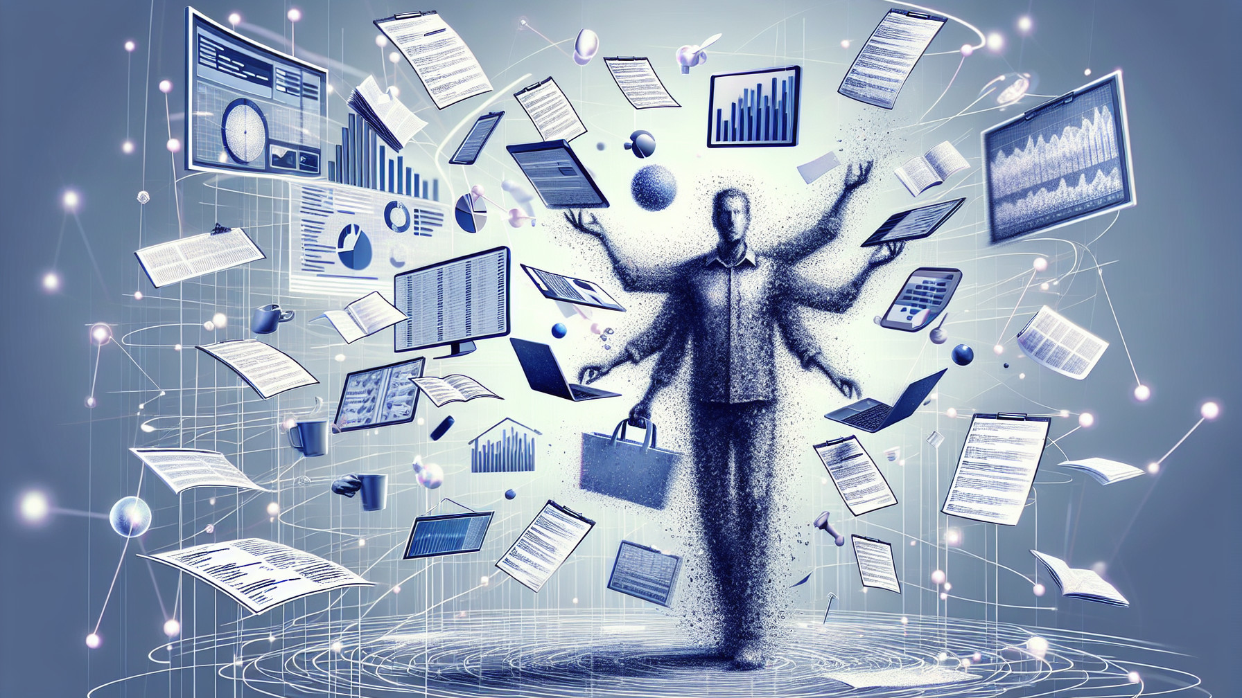 Digital Figure Surrounded by Data Visualizations and Charts