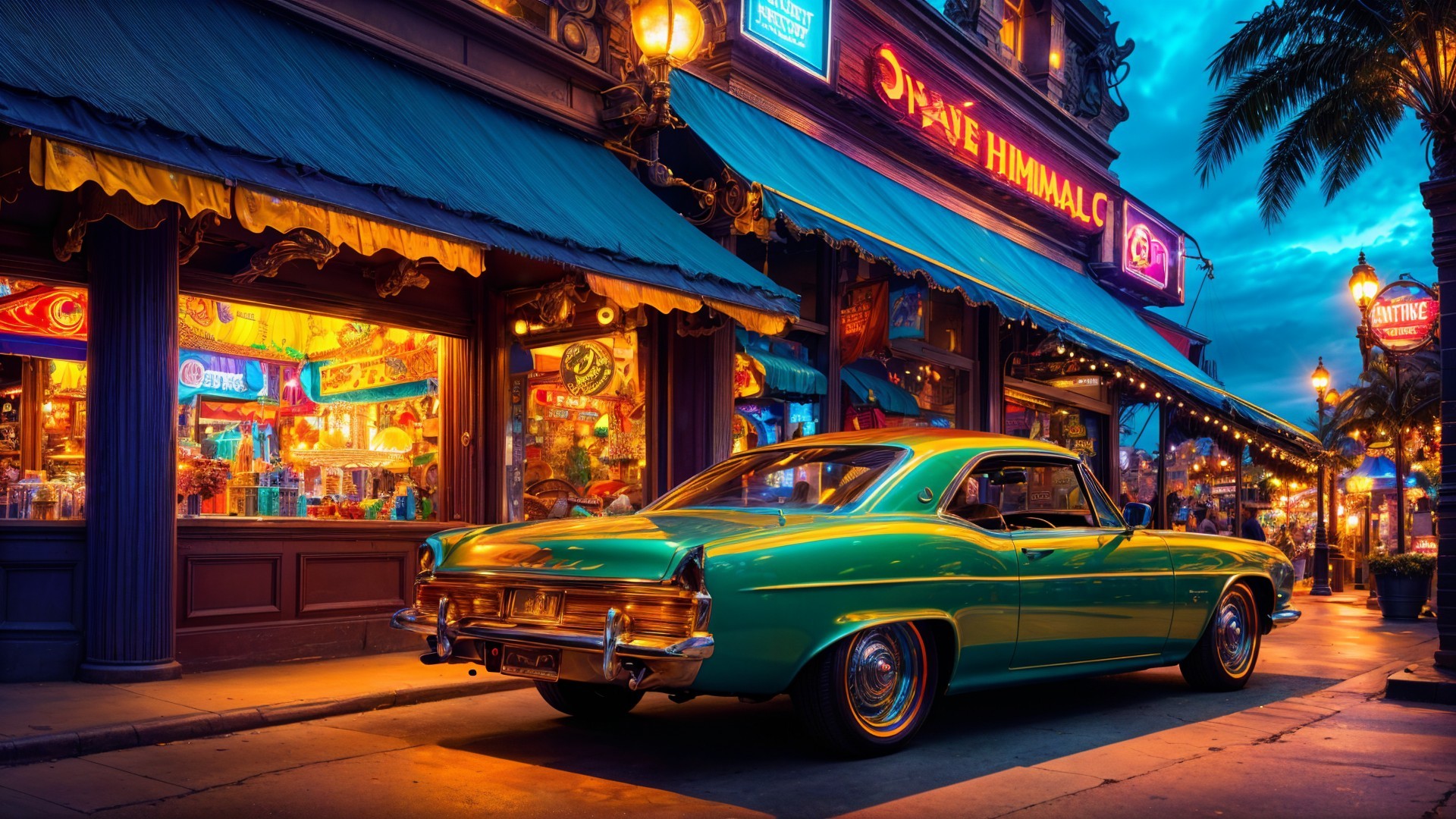 Vintage Green Car Near Charming Shop at Twilight