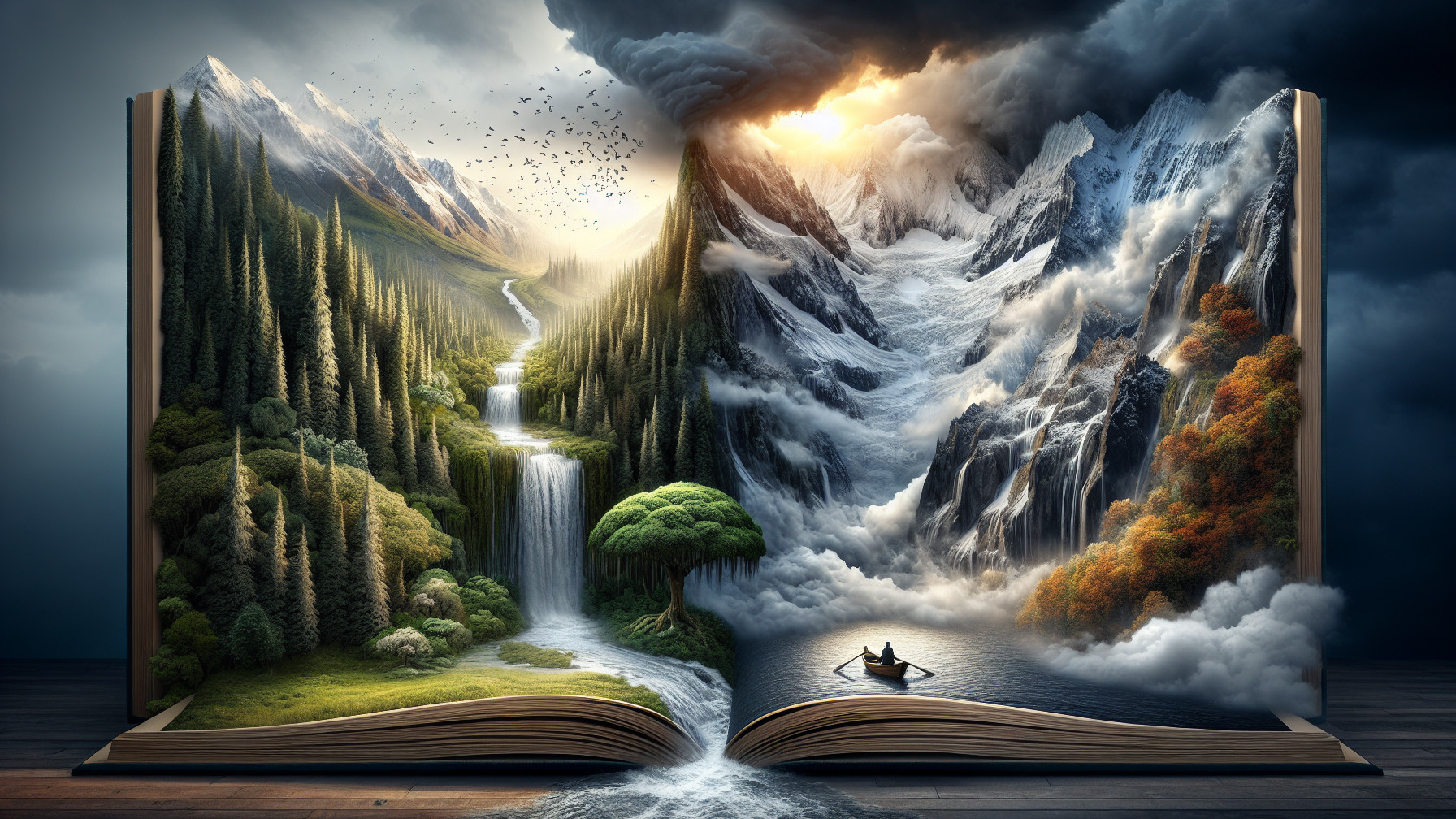 Contrasting Landscapes in an Open Book Illustration