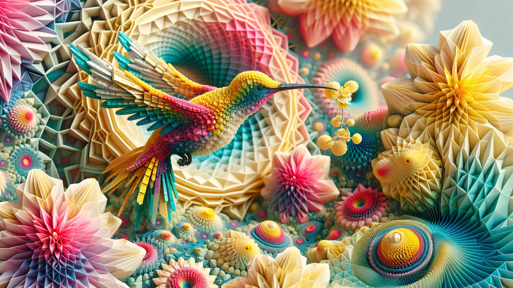 Surreal Scene with Hummingbird and Colorful Flowers