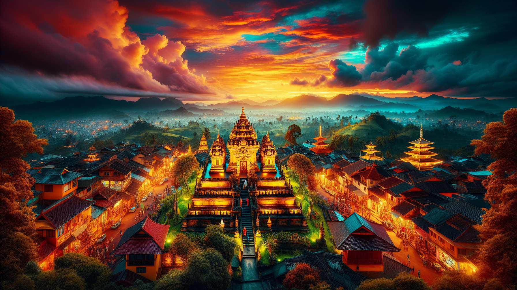 Vibrant Sunset Over Majestic Temple Complex and Hills