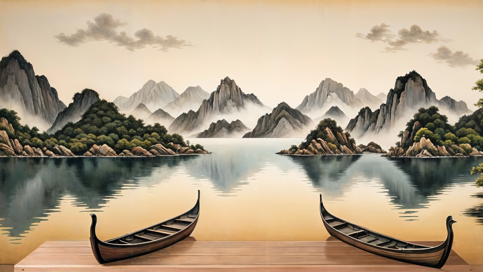 Serene landscape mural with misty mountains and waters