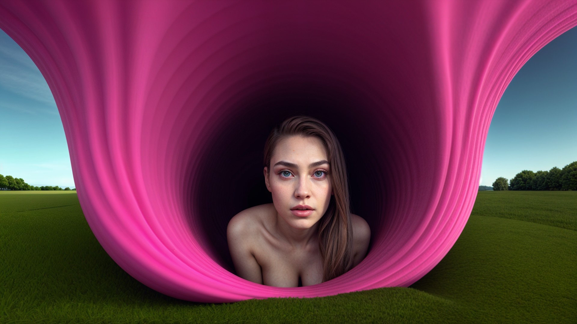 Surreal Landscape with Vibrant Pink Tubular Structure