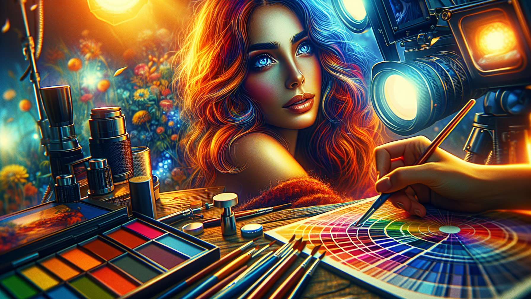 Vibrant Scene of a Woman Surrounded by Art Supplies