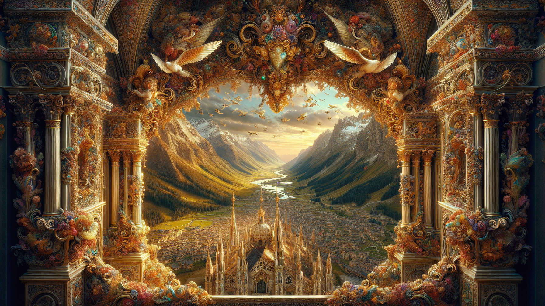 Ornate Architectural Archway with Mountain Valley View