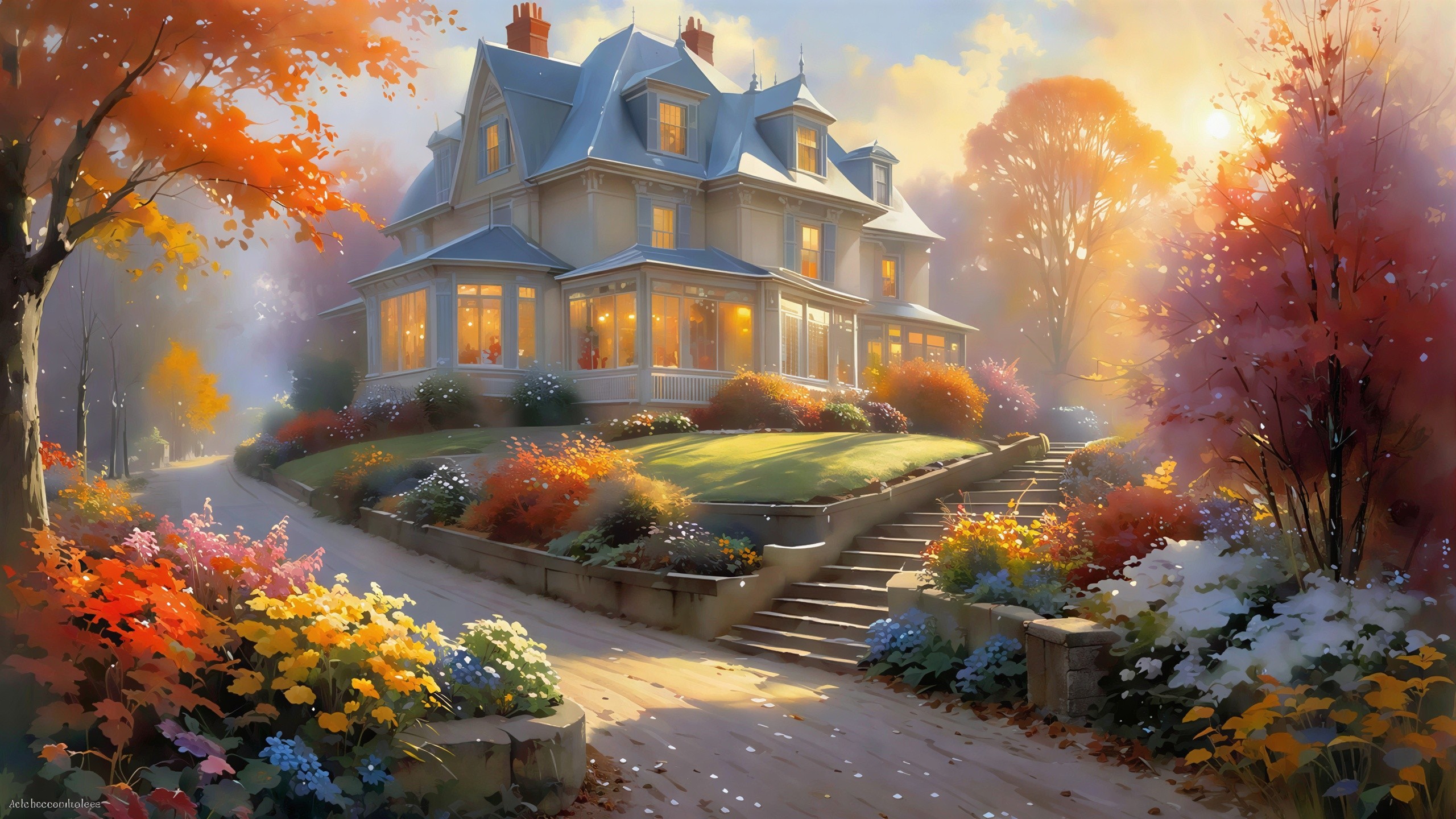 Vibrant Autumn Scene of a Grand Mansion on a Hill