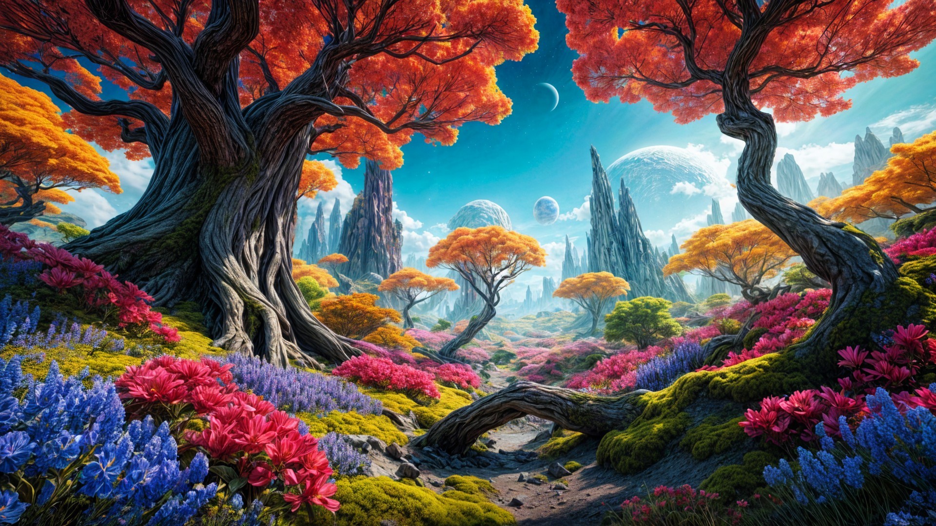 Vibrant Fantasy Landscape with Colorful Flora and Sky