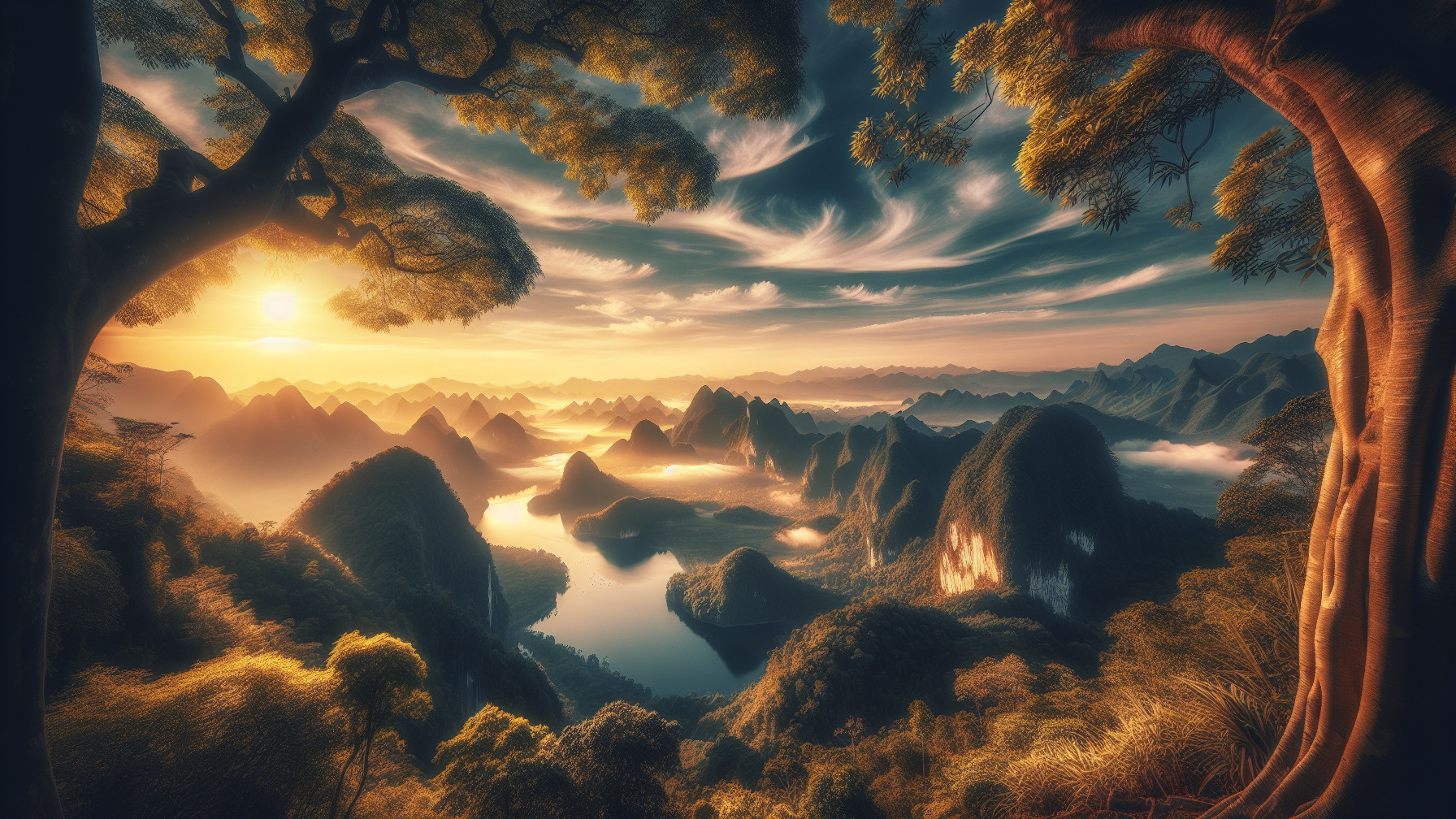 Sunset Landscape with Mountains and Serene Lake