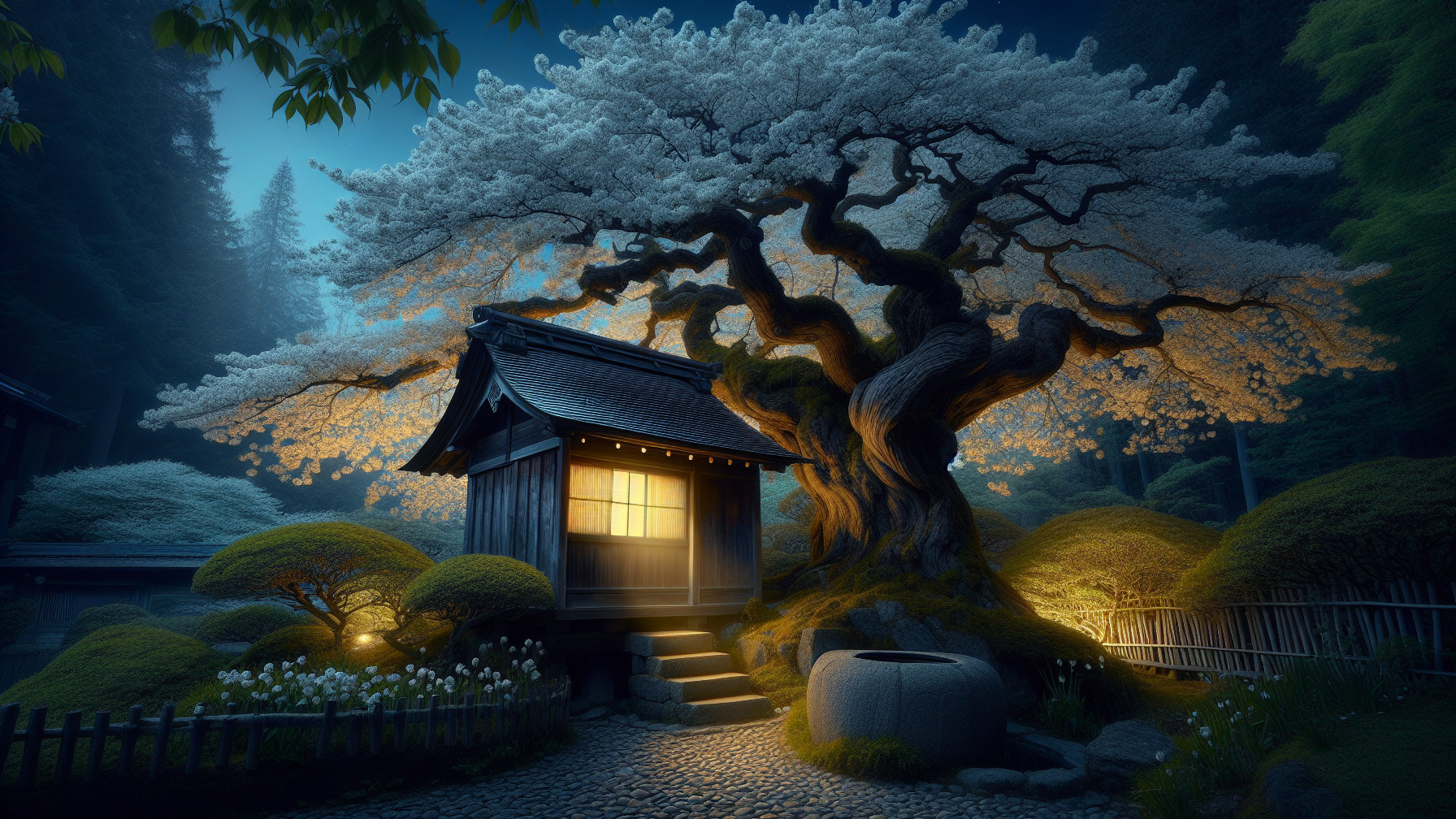 Traditional Japanese House in Serene Night Garden