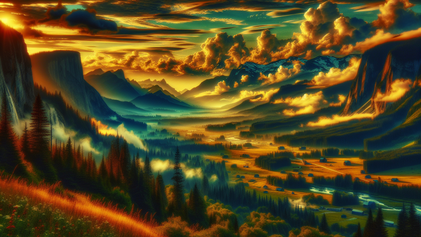 Dusk Valley Scene with Mountains and Winding River