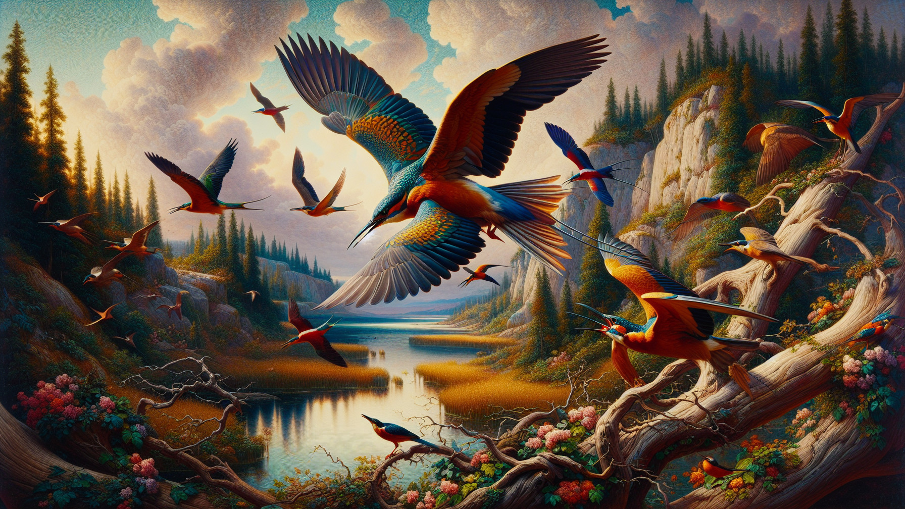 Vibrant River Valley with Colorful Birds and Sunset