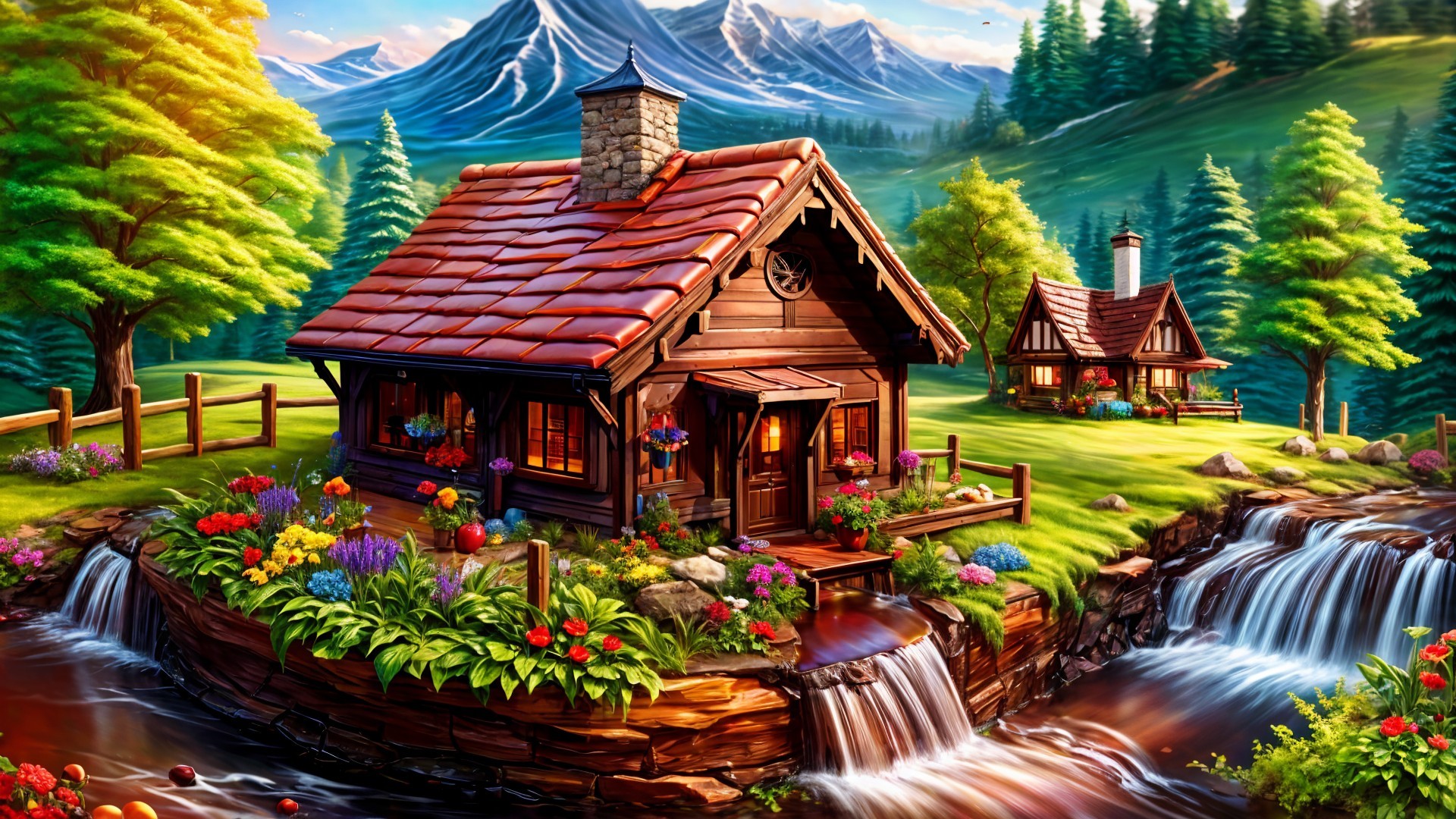 Wooden Cottages in Vibrant Landscape with Mountains