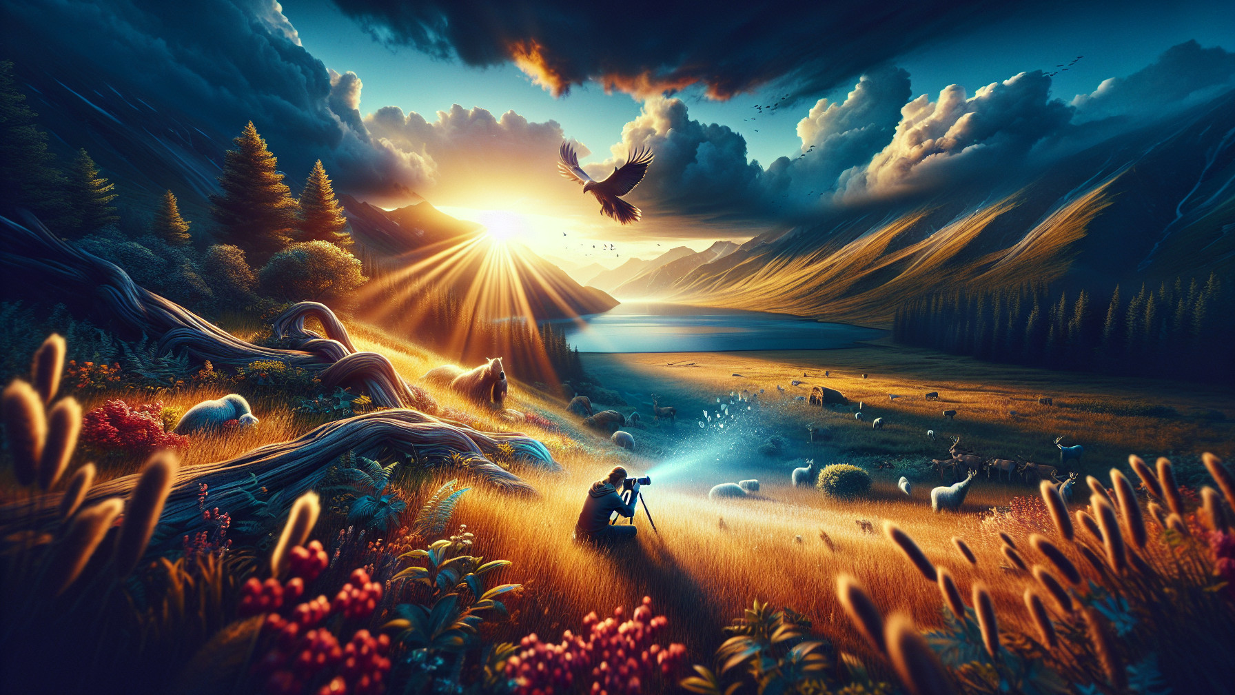 Dawn Landscape with Sunlight, Clouds, and Wildlife