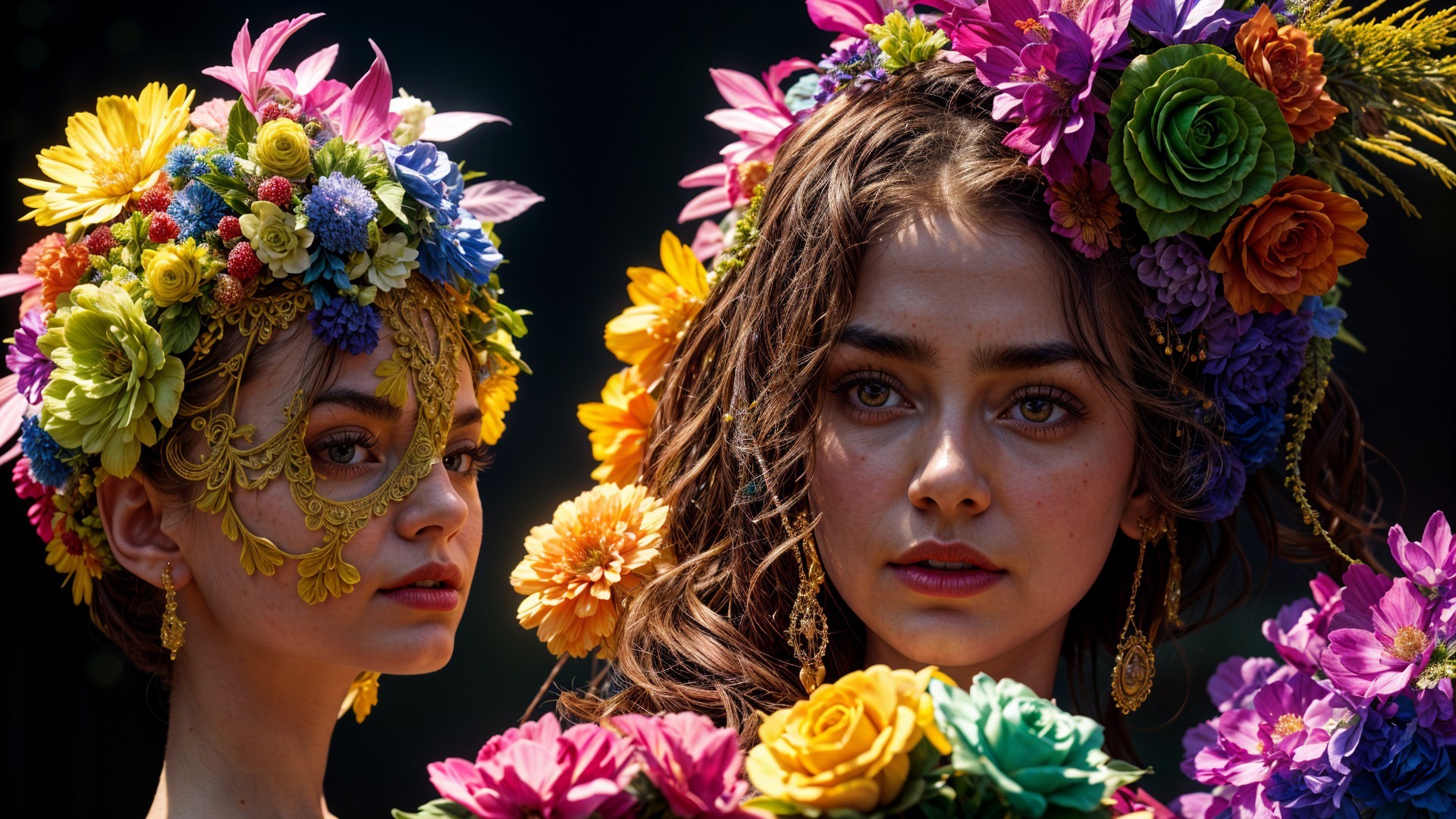 Young Women with Floral Crowns in Lush Setting