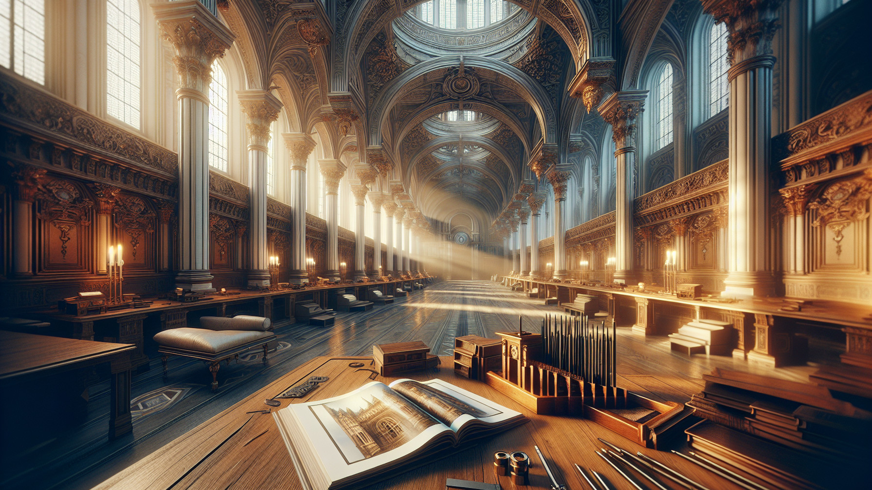 Expansive library with grand architecture and light