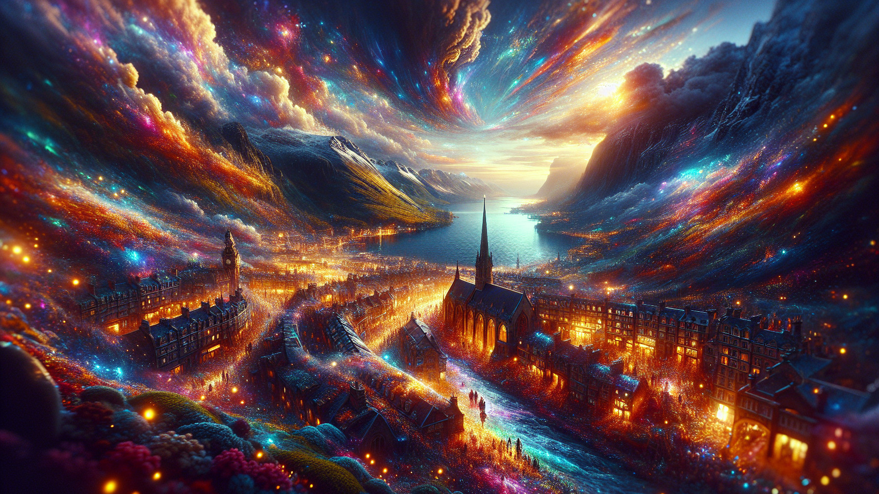 Vibrant Dreamlike City Surrounded by Mountains and Lake