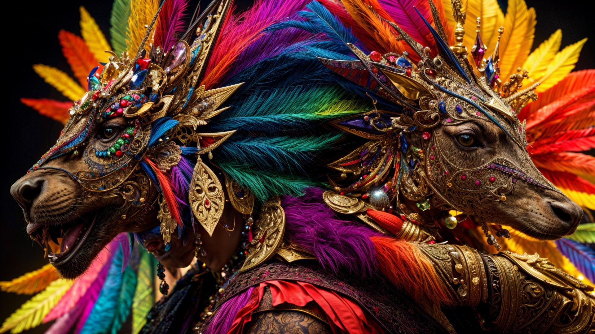 Elaborate headpiece with feathers and gold embellishments