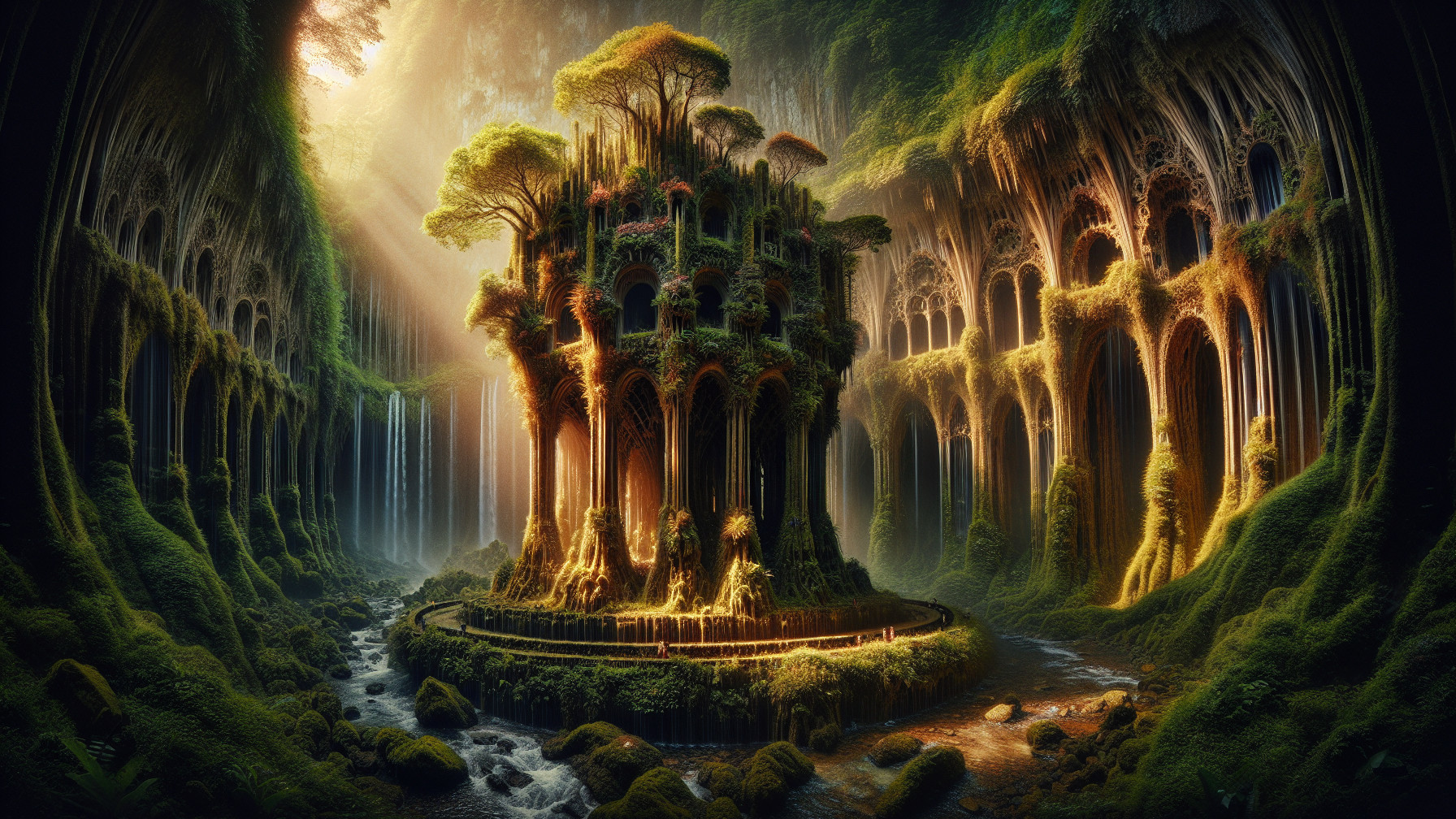 Mystical Forest Scene with Towering Tree and Stream