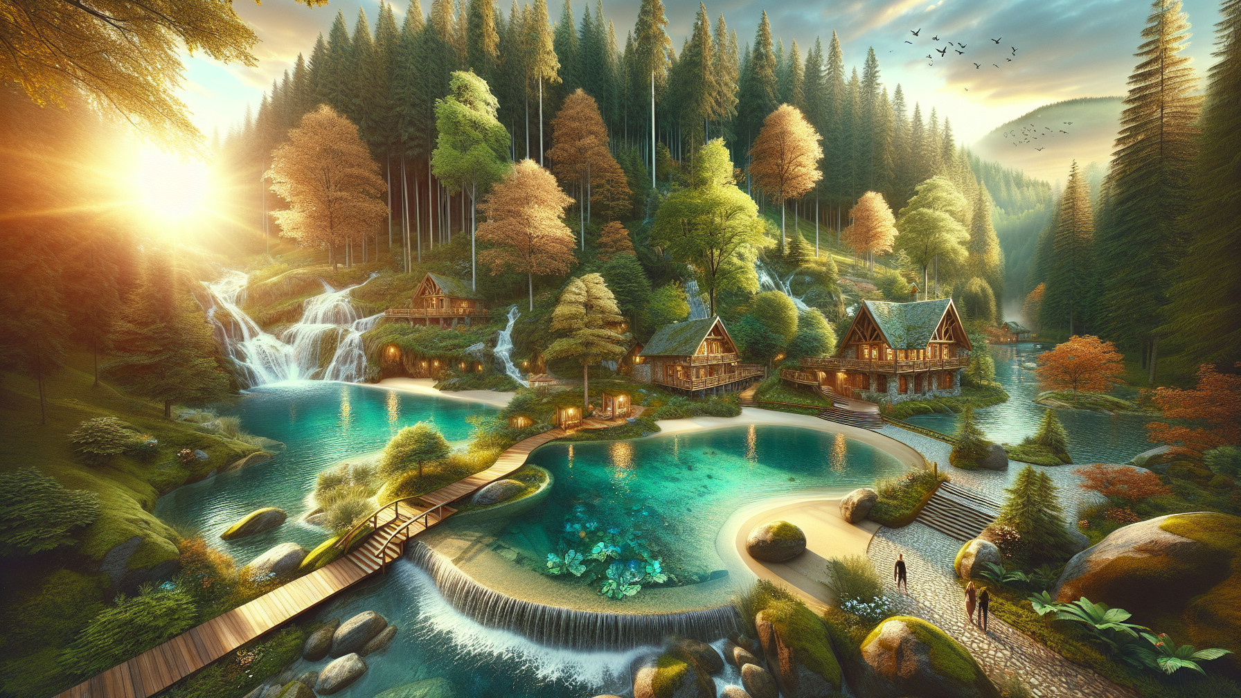 Serene Lake Landscape with Autumn Trees and Cabins