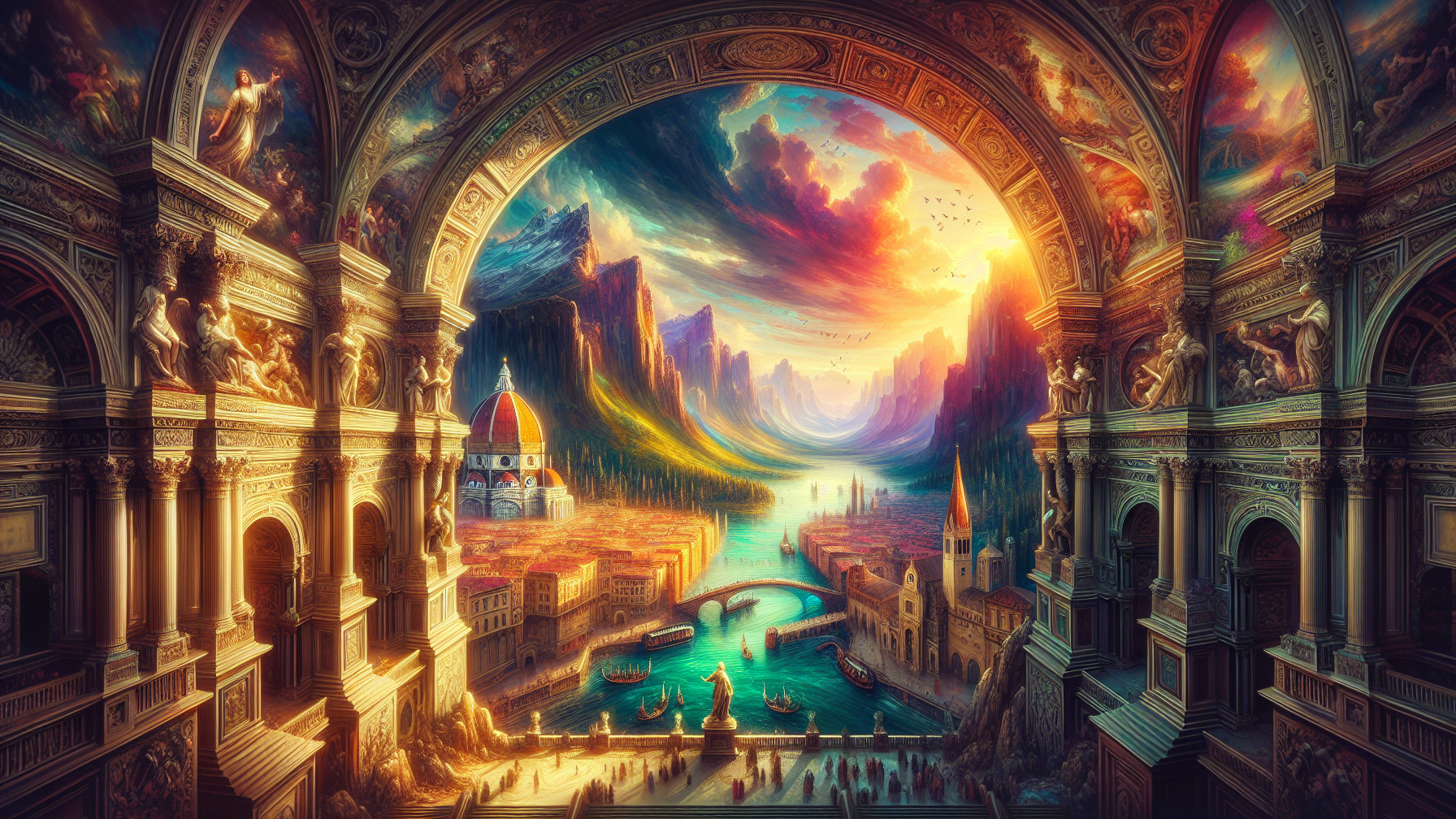 Vibrant Sunset Landscape with River and Mountains