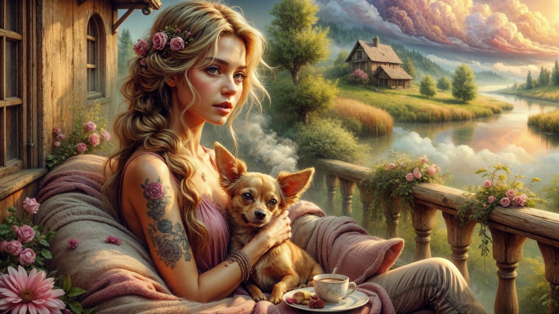Serene Balcony Scene with Woman and Chihuahua