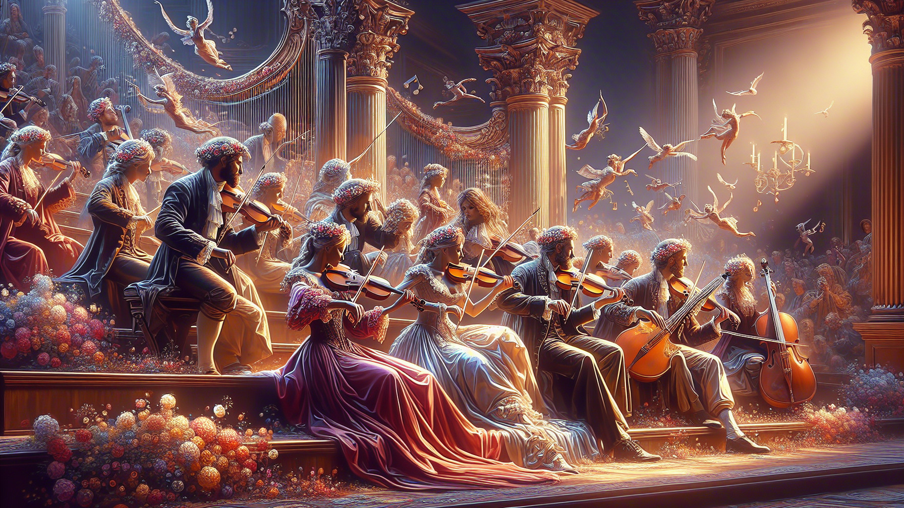 Orchestra Performance in Ornate Hall with Floral Decor