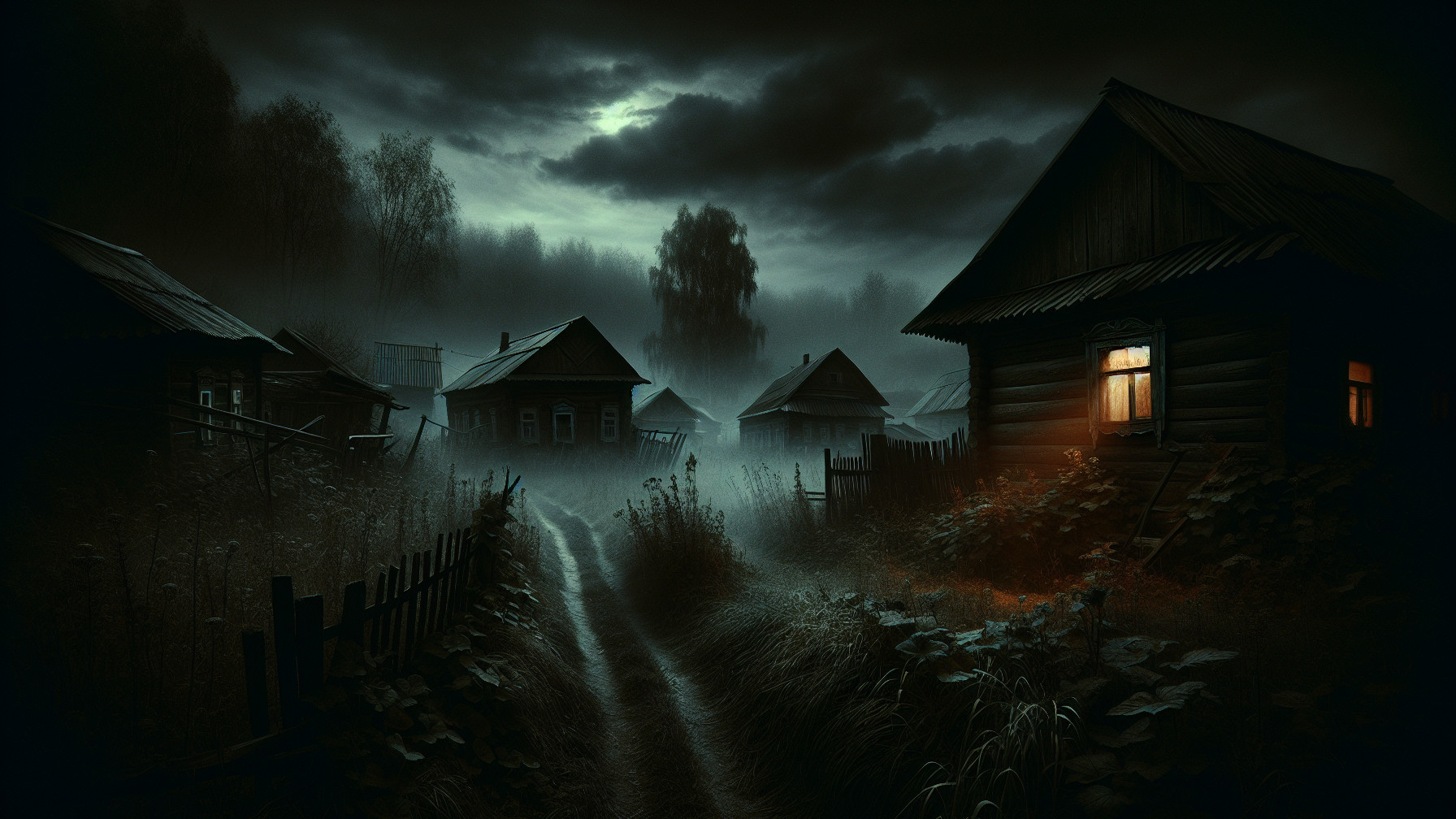 Deserted Village in Misty Night Atmosphere