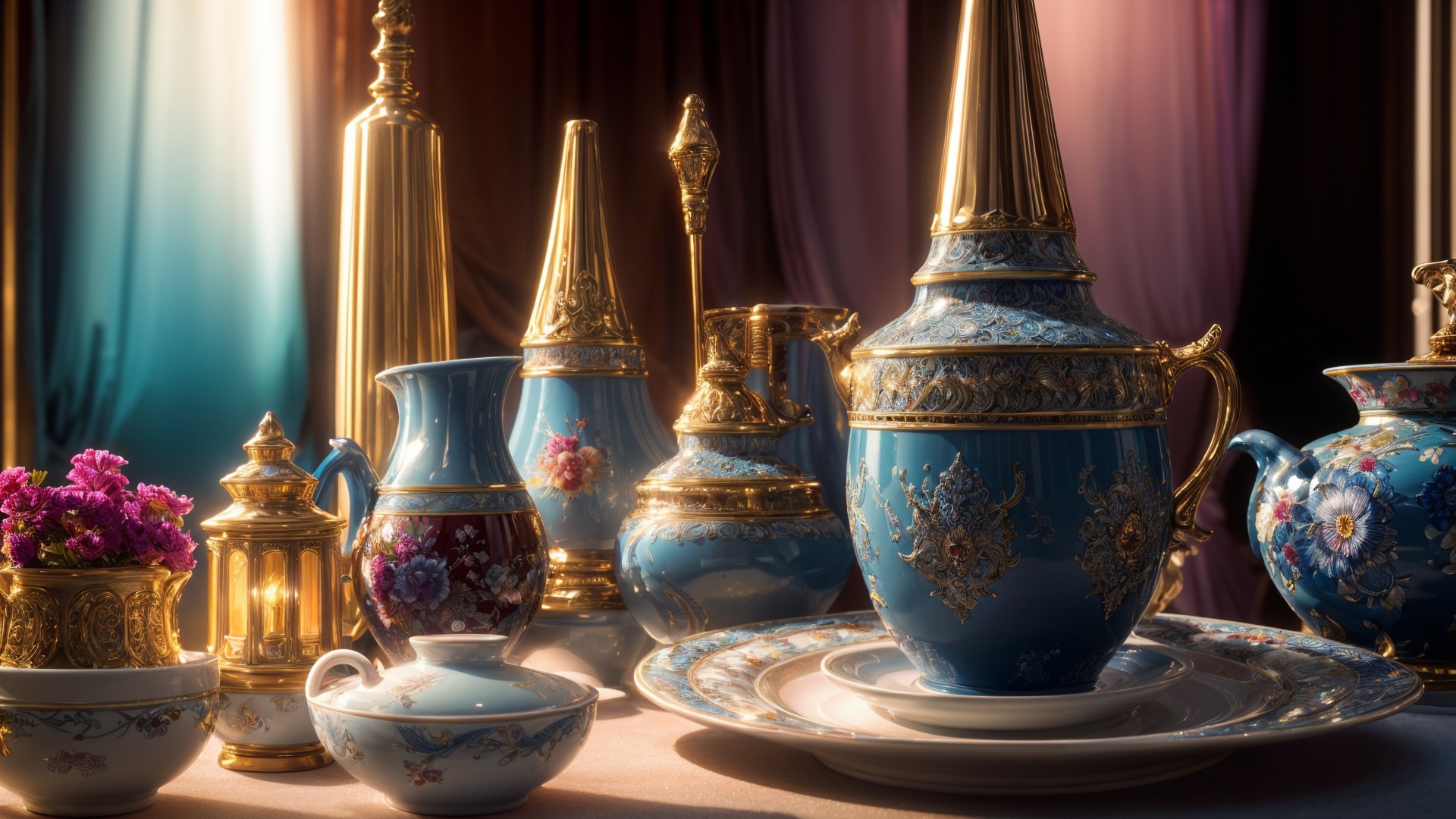 Collection of Ornate Ceramic Teapots and Dishware