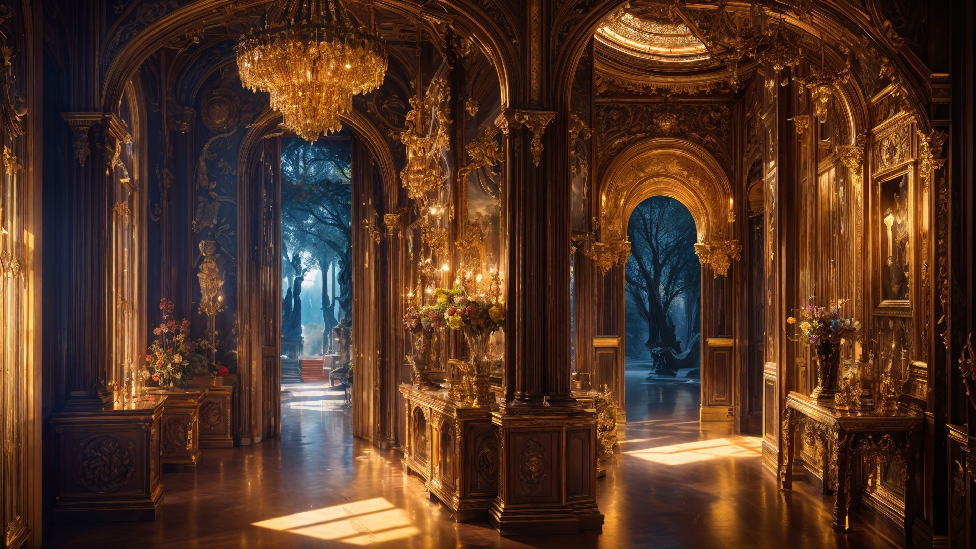Opulent interior with golden light and ornate details