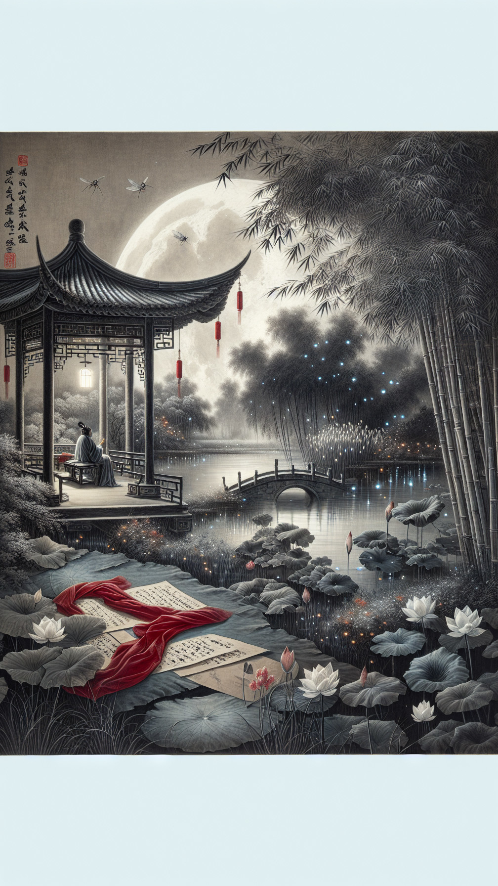 Traditional Asian Pavilion by Tranquil Pond at Night