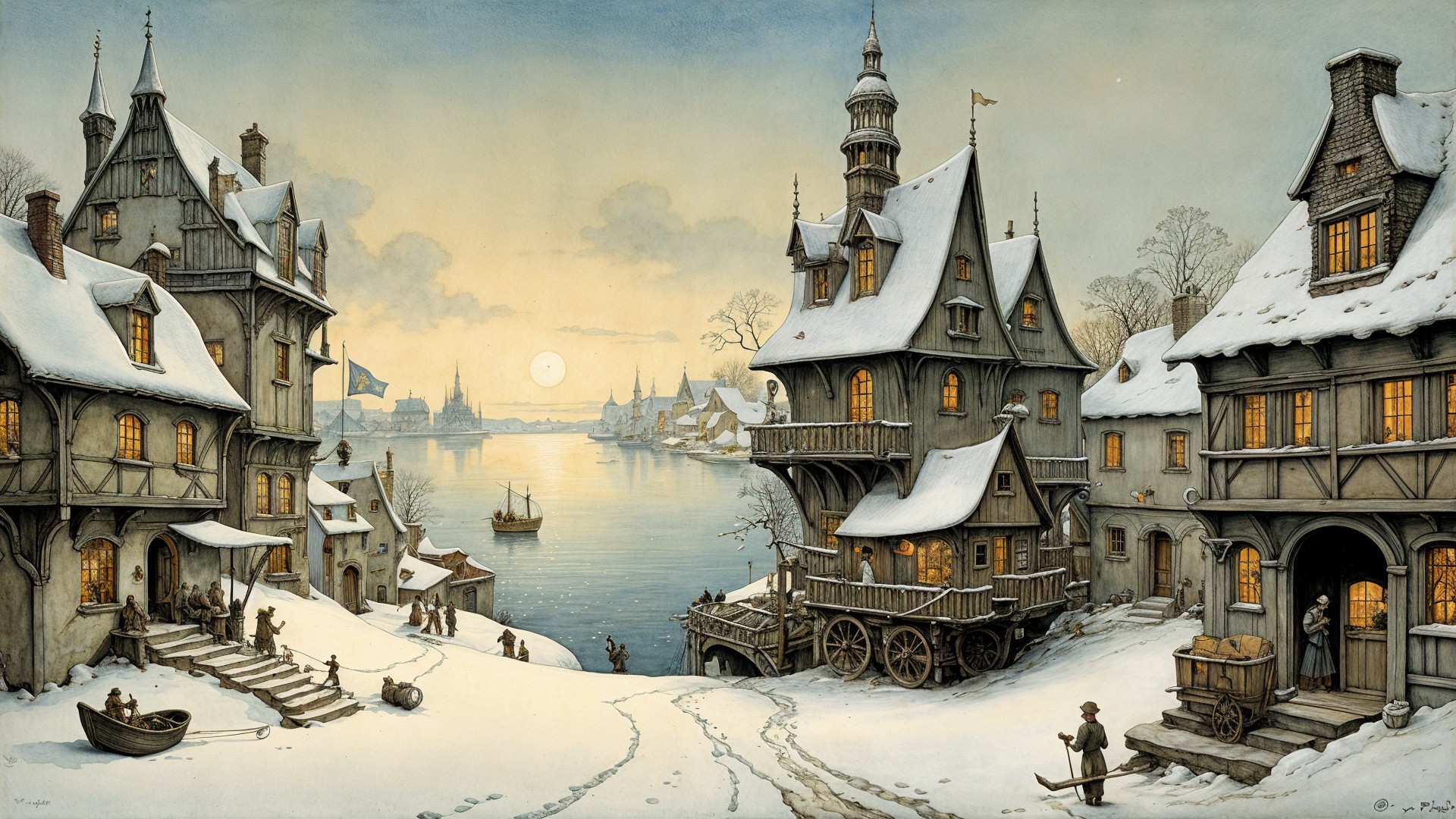 Winter Village Scene with Snow and Sunset Glow