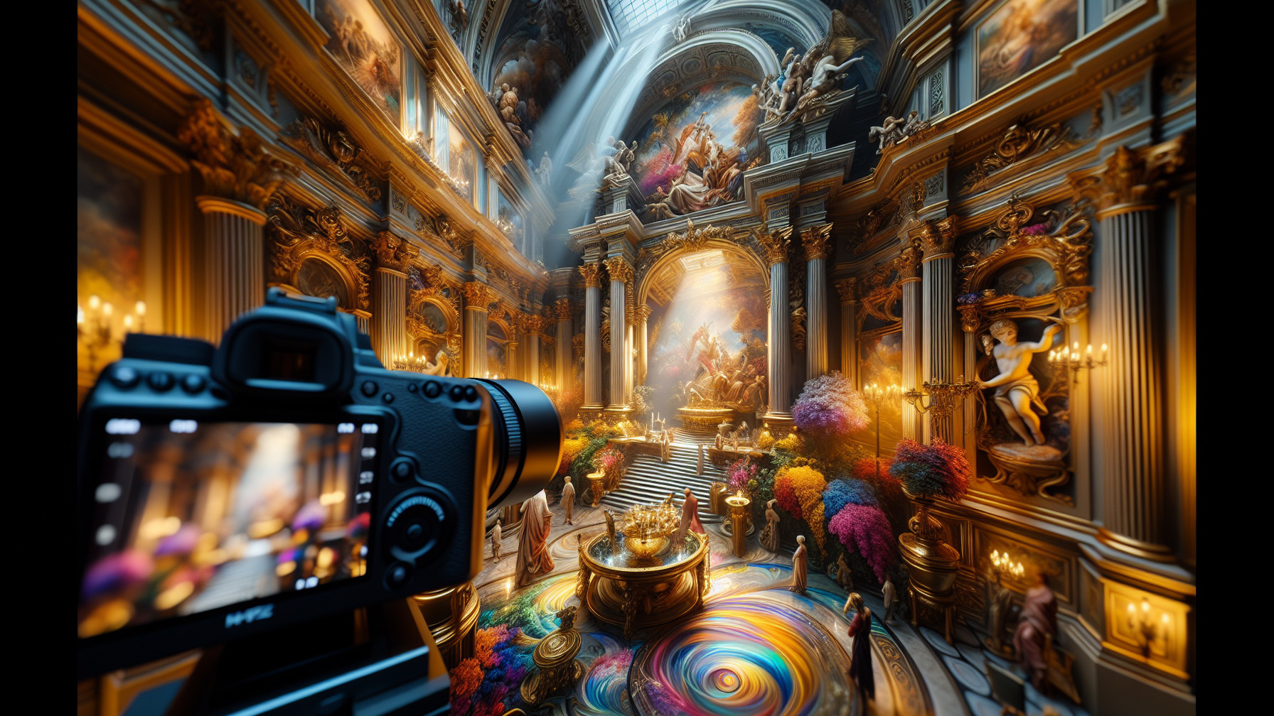 Ornate Hall with Sculptures and Dramatic Lighting