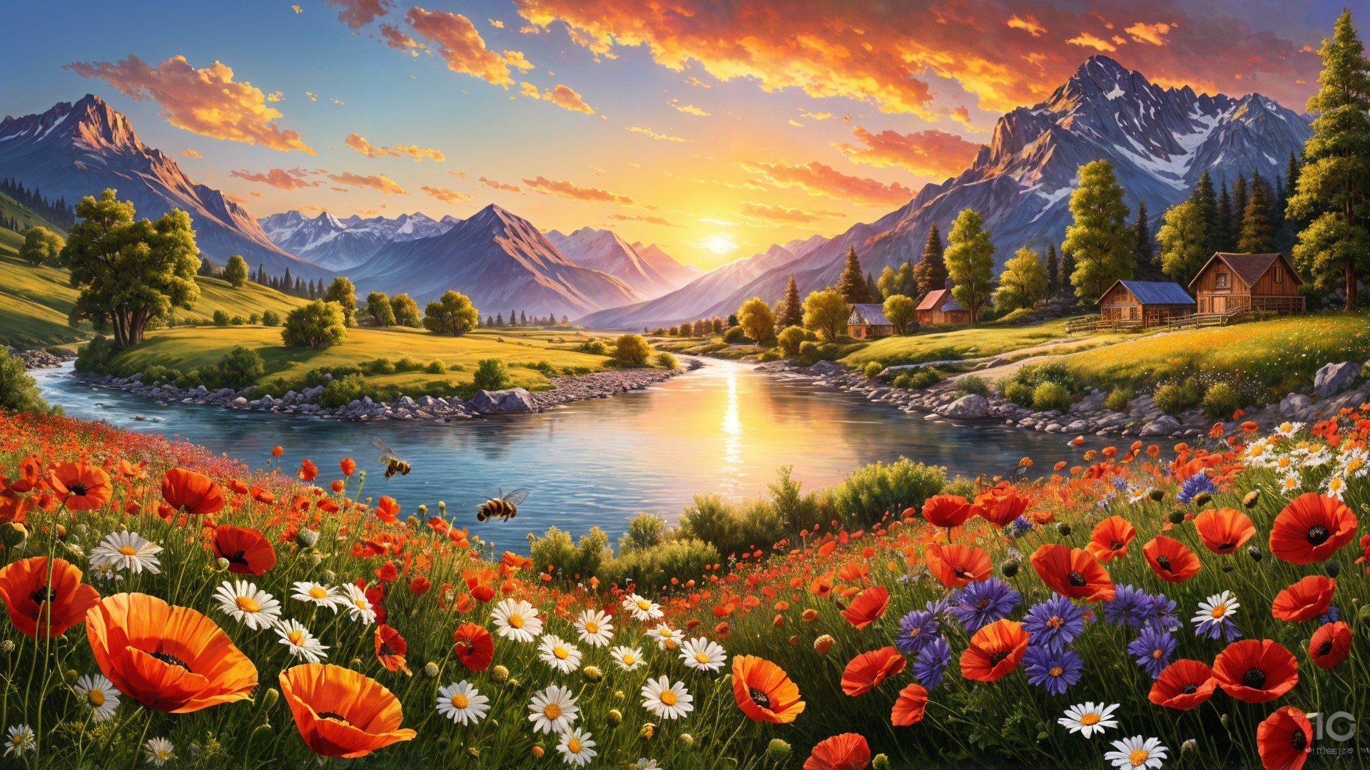 Vibrant Landscape with Hills, Flowers, and Cabins