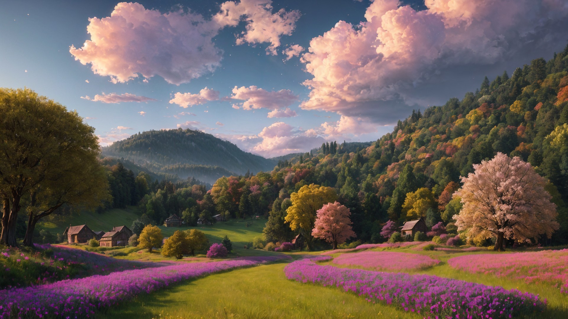 Vibrant Landscape with Hills, Flowers, and Mountains