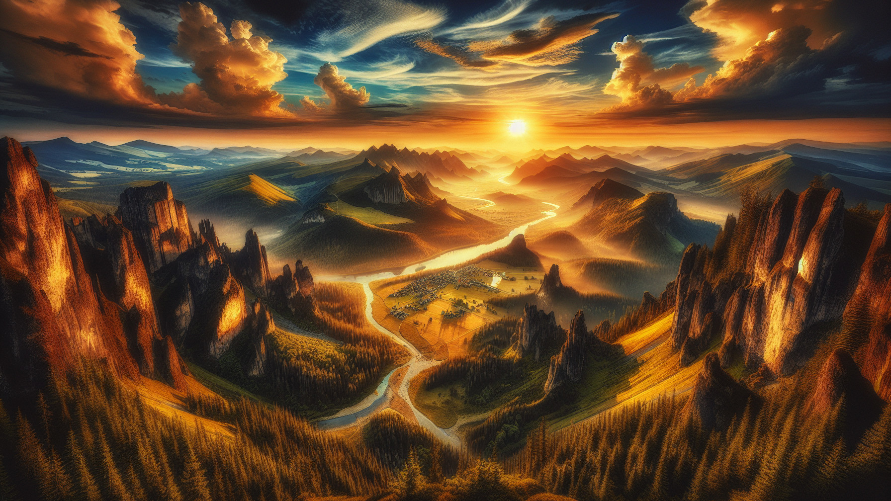 Dramatic Sunset Landscape with Mountains and River