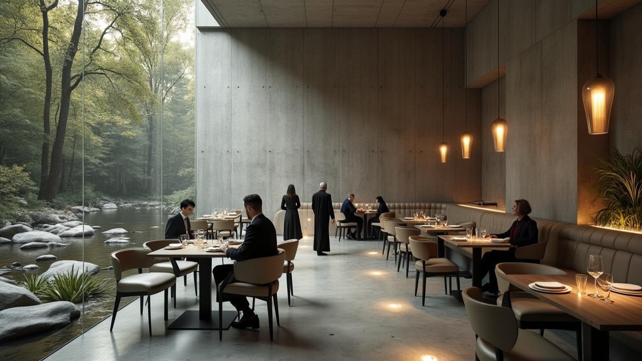 Modern Restaurant with Concrete Walls and River Views