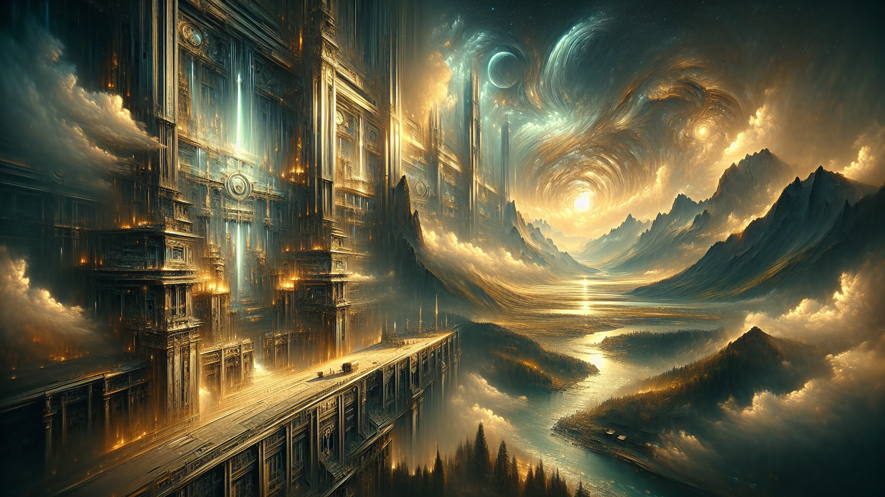 Golden and Iron Ancient City on a Mystical Planet