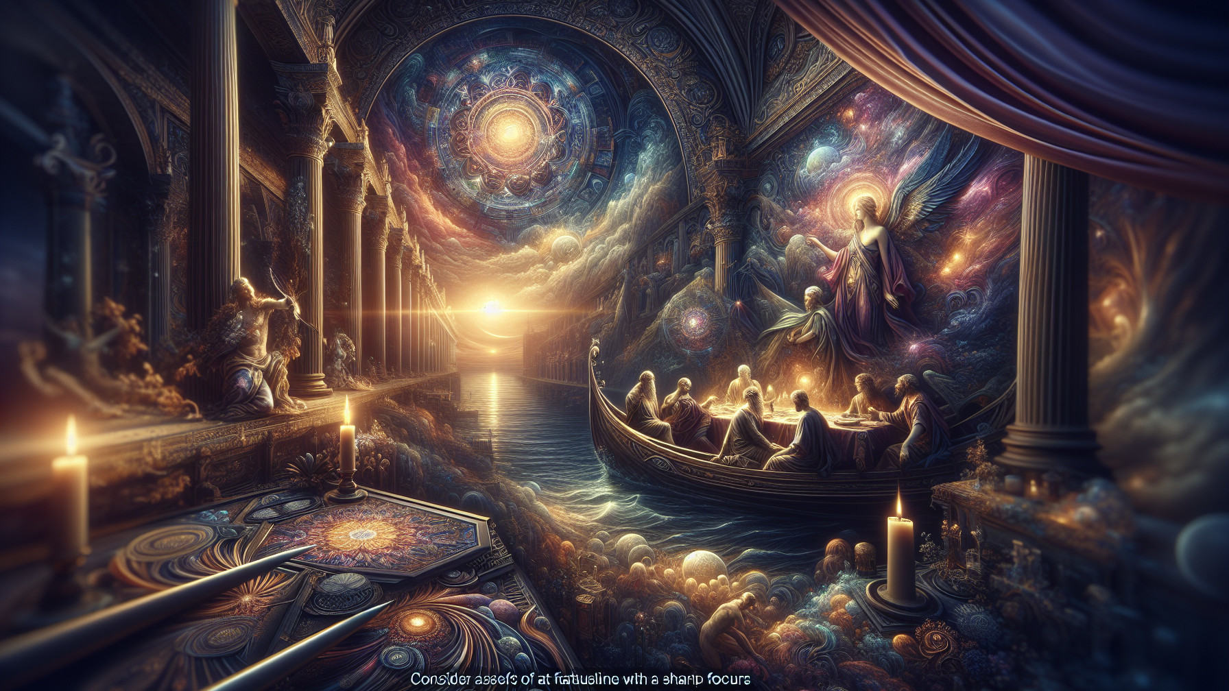 Celestial Scene in an Ornate Hall with Ethereal Figures